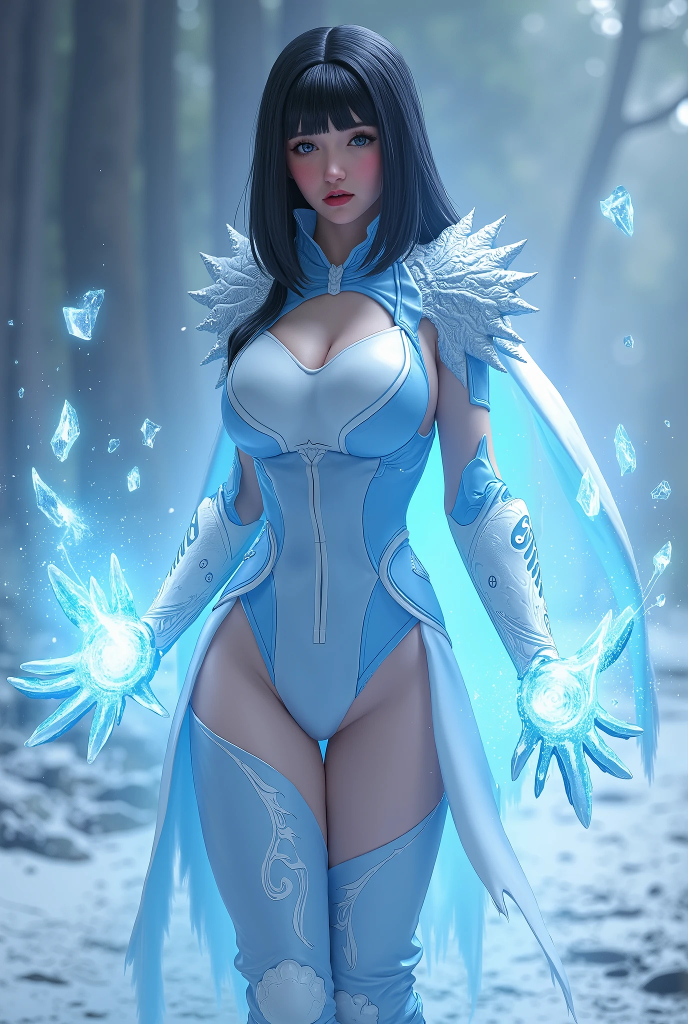 a beautiful ice goddess, wearing full hijab till close the boob, good face, happy face, realistic eyes, ice magician, ice elemental, intricate design and details, chilling mist, cold, blizzard storm, conjuring ice spell, casting ice spell, detailed dress, (white muslimah dress:1.5), realistic ice effect, ((ice:1.5)), snow particles, dark fantasy art style, the beach, dramatic lighting, cinematic,
