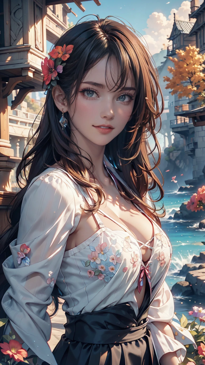 An angelic being without human affection, woman、Creator of the Universe, myth, The background of the image is, Heavenly Mountain Scenario, Orange Clouds. The image style should be cartoon-like, With powerful and impressive strokes, 登場人物にはmythや天使の要素が加わっている