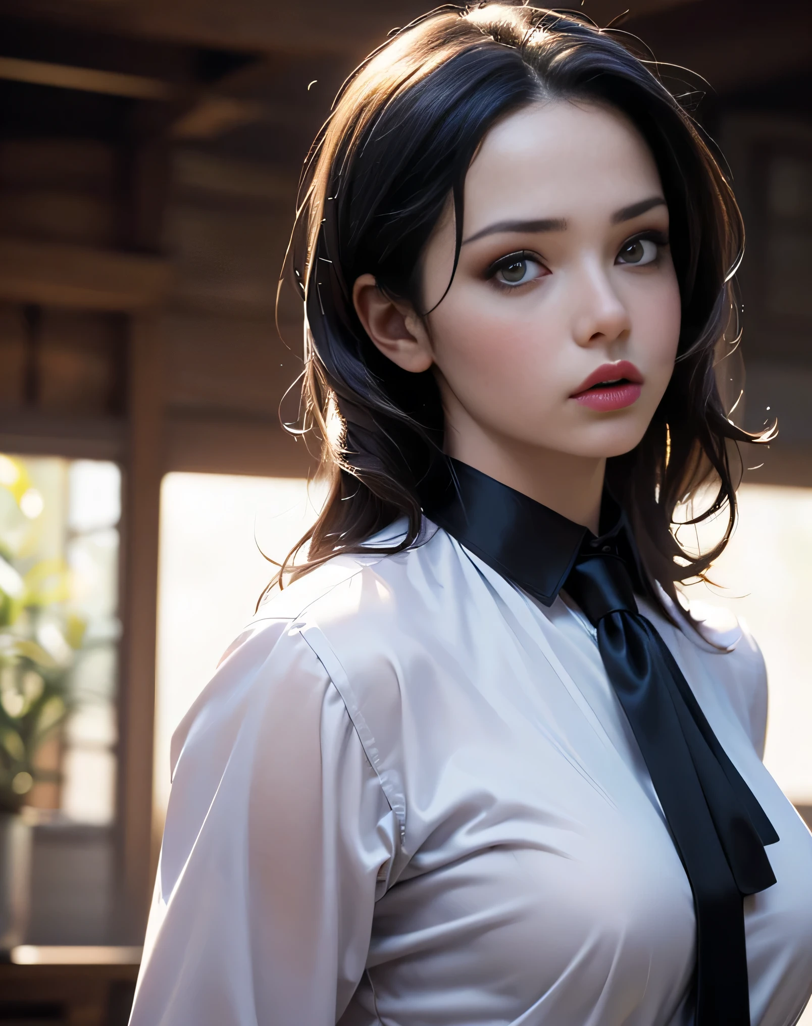 Hot Woman, 30 years, adult, sexy maid black white clothes, red lipstick, seductive eyes,  nigth, soft ligth, face detail, from above, fingers --style realistic-imagine -