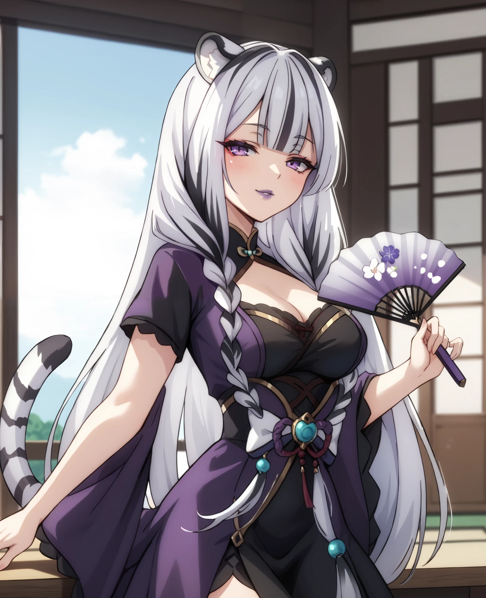 1girl, solo, long hair, white hair, black hair, multicolored hair, white tiger ears, white tiger tail, half-lidded eyes, purple eyes, noble woman, blushing, europian dress, purple dress, black dress, multicolored dress, japanese ornament, ornament on dress, white ornament, make-up, purple lips, medium breasts, seductive gaze, sexy look, holding fan, purple fan, eye shadows.