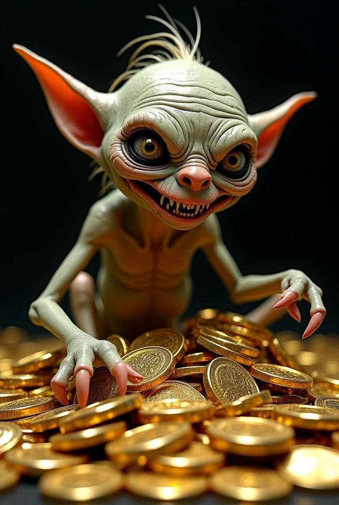 Create a jullery of a golden goblin with coins and a cigar on his mouth