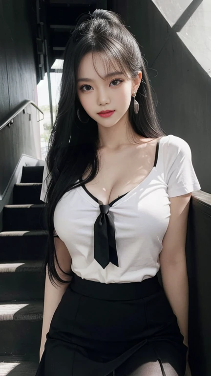 Ultra-realistic 8K CG，s the perfect face，flawless perfection，Ren，tmasterpiece，professionalartwork，famousartwork，s the perfect face，beauitful face，beautidful eyes，（（Perfect female body）），独奏，（immersiveatmosphere，lightand shade contrast：1.5，Bright light:1.2,lumnious),,(Blushlush:0.5),Enchanting expression,Ultimate detail_The eye,（huge tit）,Exquisite background,depth of fields,photorealestic:1.3,Faraway view,1girll,The shirt,pleatedskirt,school uniform，Sit Pose，full bodyesbian，（ambient lights：1.3），（cinematic compositions：1.3），（neonlight：0.1），（hdr：0.1），emphasis lighting，lacepantyhose，