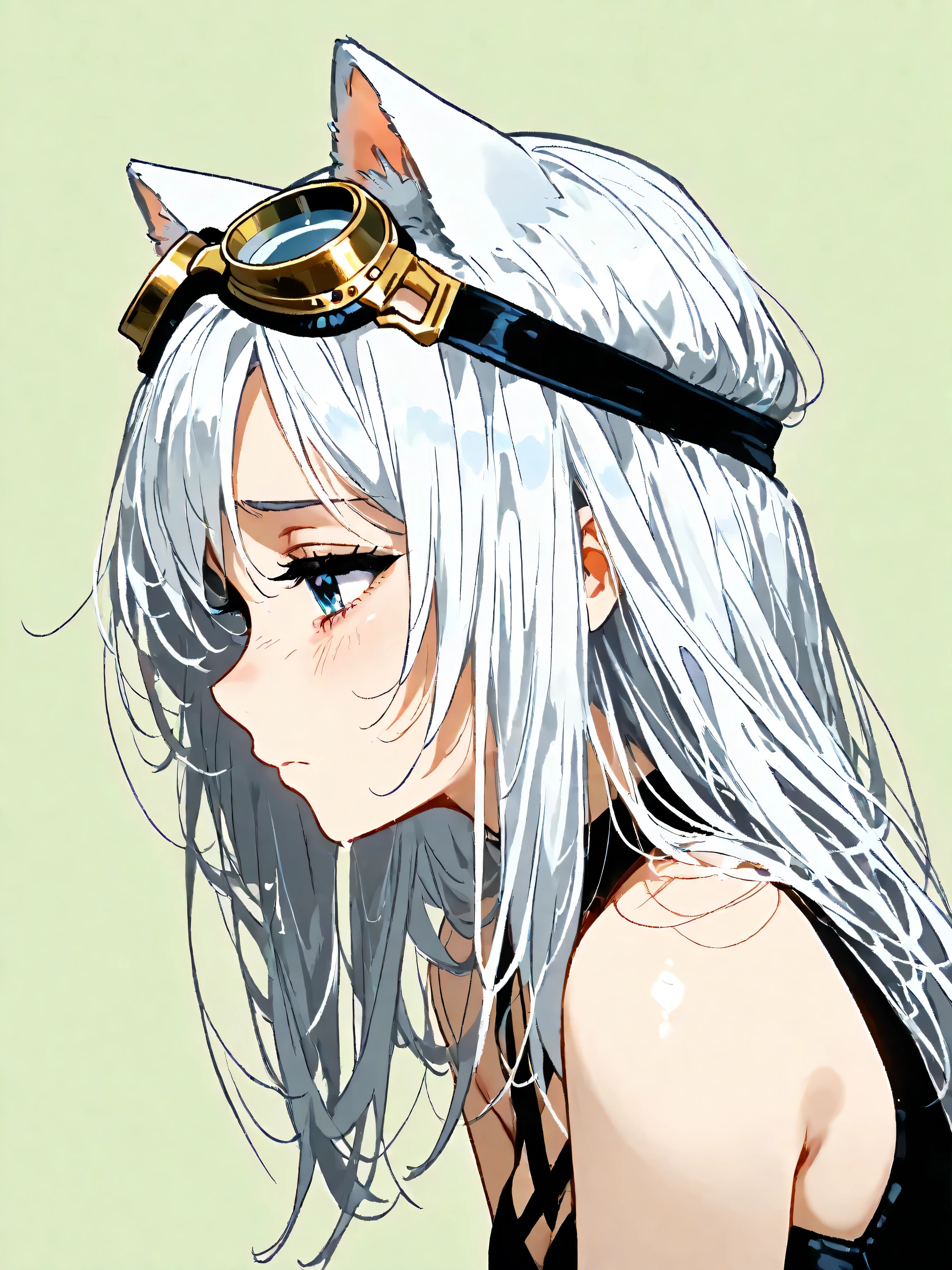 1girl, (No outline), simple background , simple profile , Goggles and cat ears, women in the world always wear goggles and cat ears, she wears cutting-edge gold goggles, beautiful girl, sexy, silver white hair, blue eyes, sad, kawaii