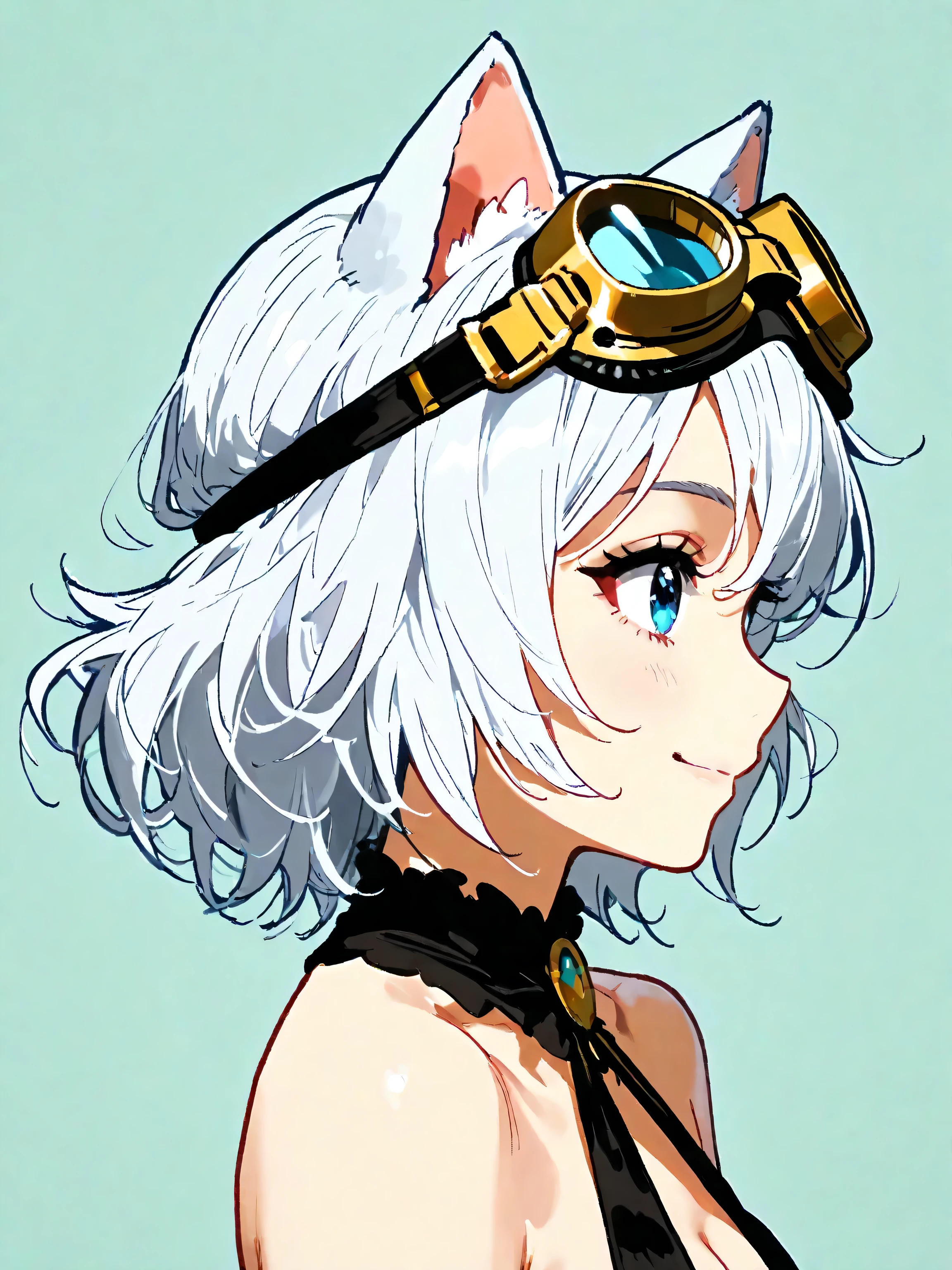 1girl, (No outline), simple background , simple profile , upper body, Goggles and cat ears, women in the world always wear goggles and cat ears, she wears cutting-edge gold goggles, beautiful girl, sexy, silver white hair, blue eyes, smile, kawaii