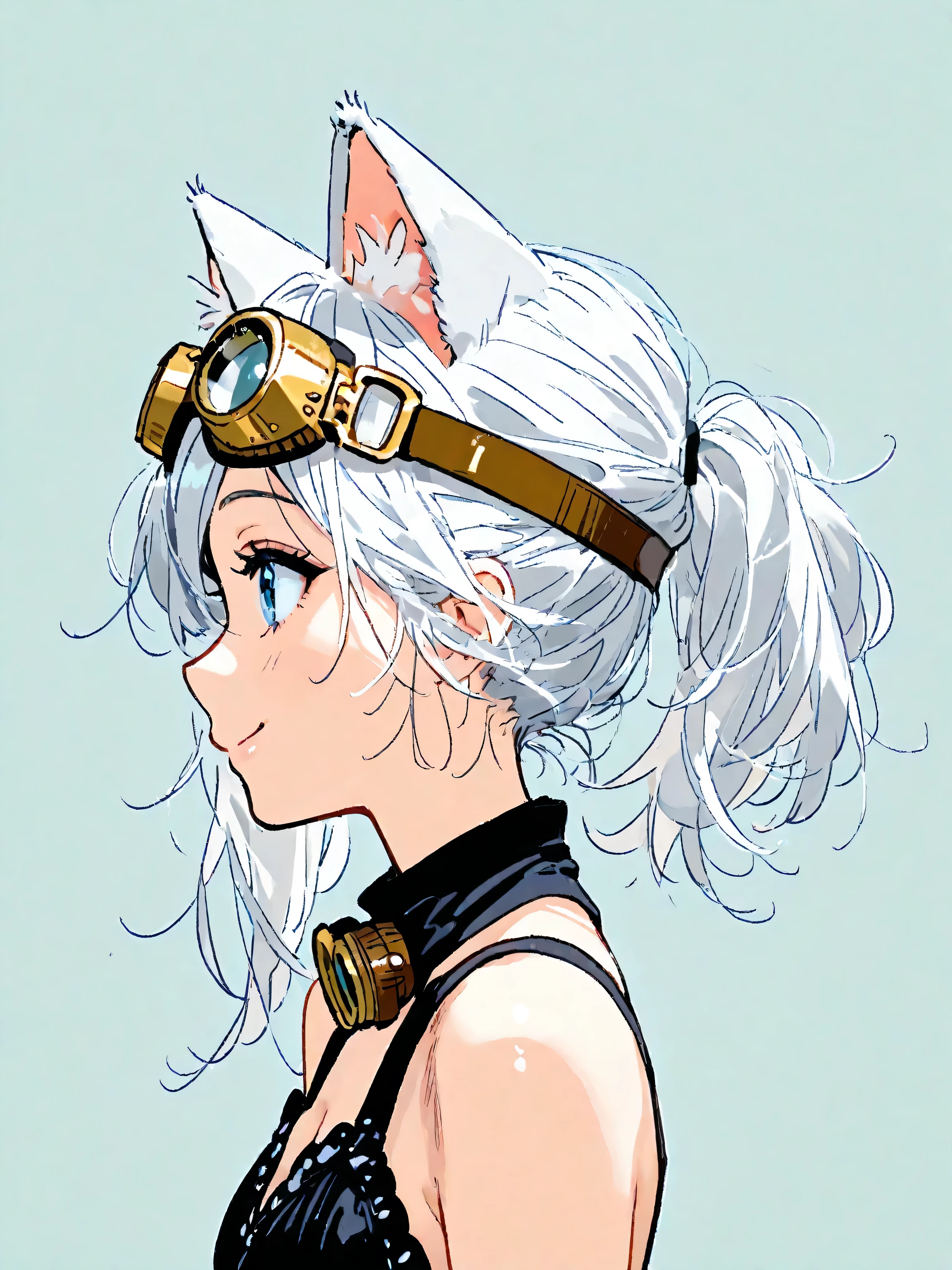 1girl, (No outline), simple background , simple profile , upper body, Goggles and cat ears, women in the world always wear goggles and cat ears, she wears cutting-edge gold goggles, beautiful girl, sexy, silver white hair, blue eyes, smile, kawaii