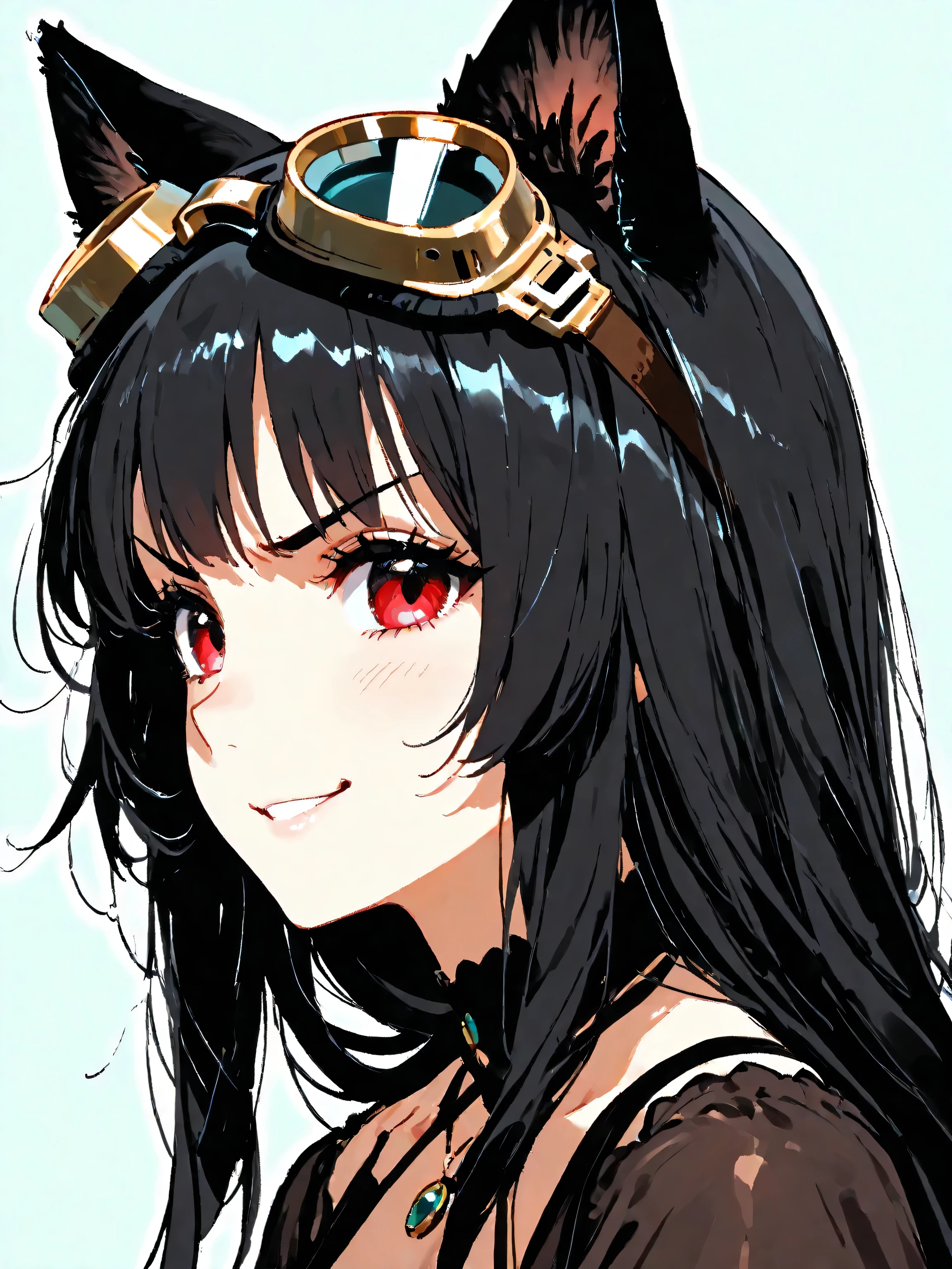1girl, (No outline), simple background , simple profile , Goggles and cat ears, women in the world always wear goggles and cat ears, she wears cutting-edge gold goggles, beautiful girl, sexy, deep black hair, red eyes, angry,smile