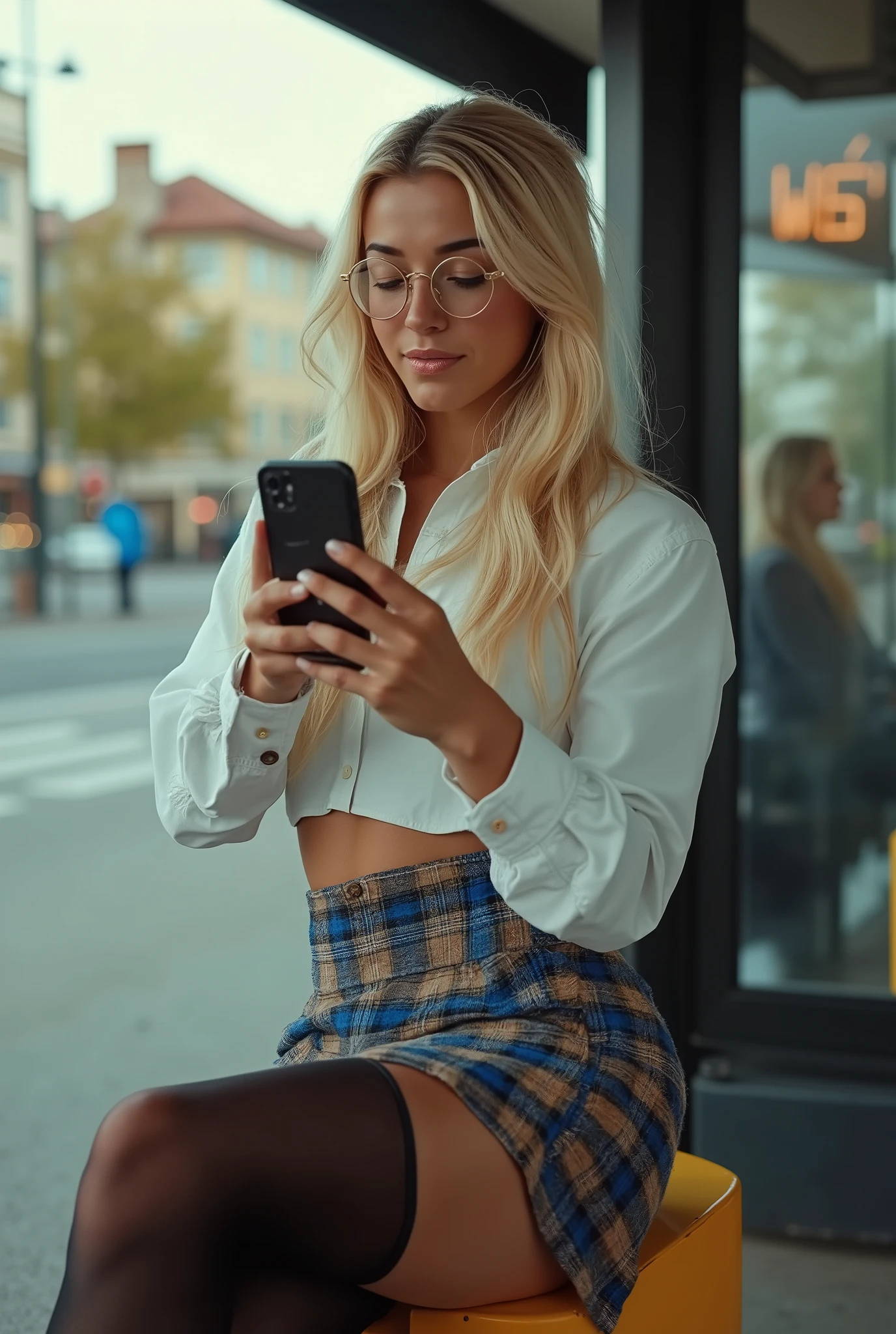 ultra realism, photorealistic , cinematic full size photo, beautiful sexy , Shkolnica, Long blond shiny hair , clear bright eyes , good bottom, white dress shirt , tie, blue-brown checkered miniskirt , black stockings above the knee , brown shoes , bus stop , flirty, legs crossed, beautiful hips, text messages , glasses, messy tail, круглые glasses