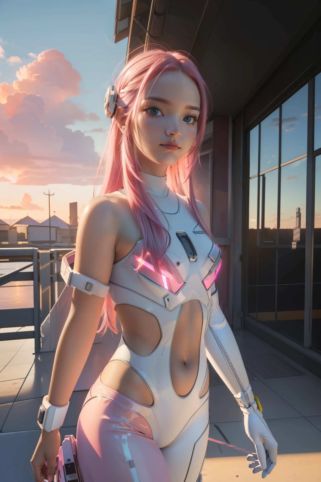 (Best Quality), Masterpiece, 8K, RAW, Cute white Silk Bride Naked,(Photo-realistic), white silk Dress, Pink long Hair, raised Arms, Full-Body Portrait, soft Lighting, Mecha-Implants, (Cybernetics:1.2), Space-station, Particles floating in Air