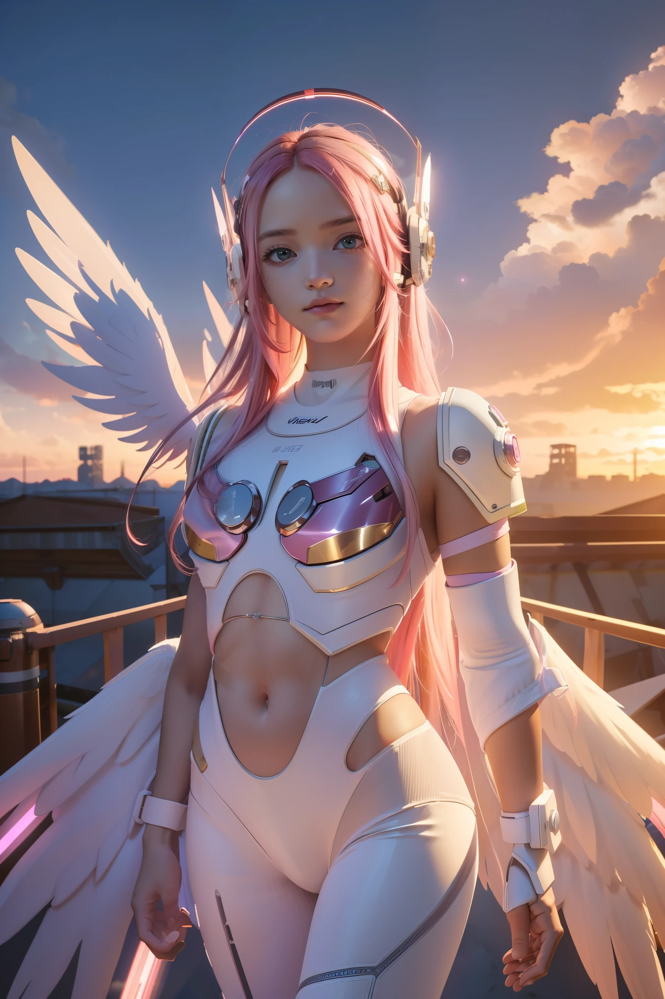 ((masterpiece, best quality, extremely detailed), volumetric lighting, ambient occlusion, colorful, glowing),
1girl, solo, young girl, (pink hair), long hair, halo, aura, sacred, godness, cyber suit, (white outfit:1.3), android, bot, angel wings,
outdoors, sunset, sky, clouds, space, (cyberpunk theme:1.2),