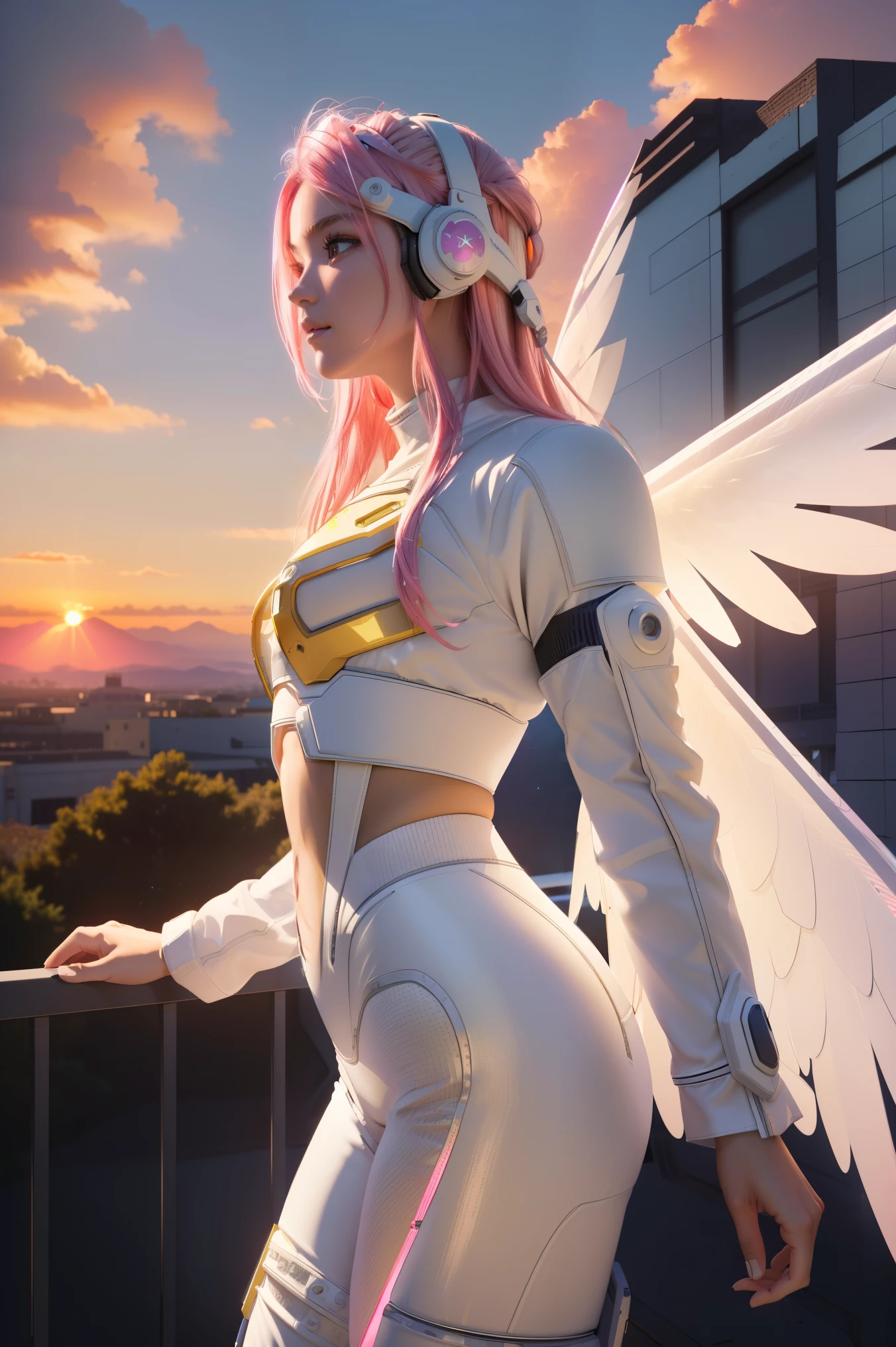 ((masterpiece, best quality, extremely detailed), volumetric lighting, ambient occlusion, colorful, glowing),
1girl, solo, young girl, (pink hair), long hair, halo, aura, sacred, godness, cyber suit, (white outfit:1.3), android, bot, angel wings,
outdoors, sunset, sky, clouds, space, (cyberpunk theme:1.2),