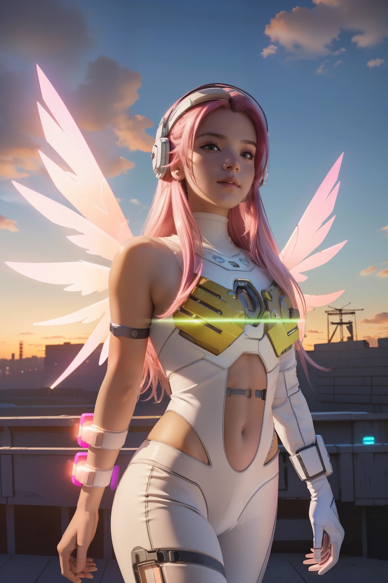 ((masterpiece, best quality, extremely detailed), volumetric lighting, ambient occlusion, colorful, glowing),
1girl, solo, young girl, (pink hair), long hair, halo, aura, sacred, godness, cyber suit, (white outfit:1.3), android, bot, angel wings,
outdoors, sunset, sky, clouds, space, (cyberpunk theme:1.2),