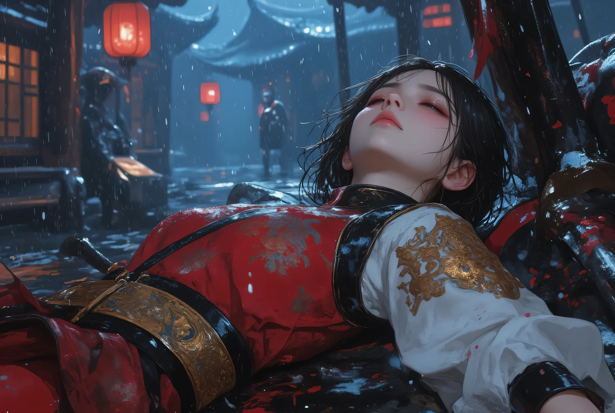 (ultra-detailed, masterpiece:1.2, best quality:1.3, cinematic lighting, hyper-realistic textures, dramatic and emotional, beautiful and haunting atmosphere, rain-soaked scene, ethereal glow), full body:1.5, lying on the ground, gripping sword hilt tightly, rain pouring:1.3, soft yet pained expression, ((1boy\beautiful face, delicate features, striking eyes:1.2, slightly parted lips, wet dark hair clinging to pale skin, traditional festival attire:1.3, intricate embroidery, red and gold fabric stained with blood, ceremonial sash unraveling, bare feet in the mud, rain droplets on eyelashes)), a long ceremonial sword pierced through his chest, hand still clutching the hilt, blood mixing with rain on the ground, ((cinematic anime effects, dramatic lighting with cold blue and warm lantern glow)), blurred festival lanterns in background:1.3, silhouettes of masked figures watching solemnly, floating petals and paper charms drifting in the rain, crimson-streaked pavement reflecting lantern light