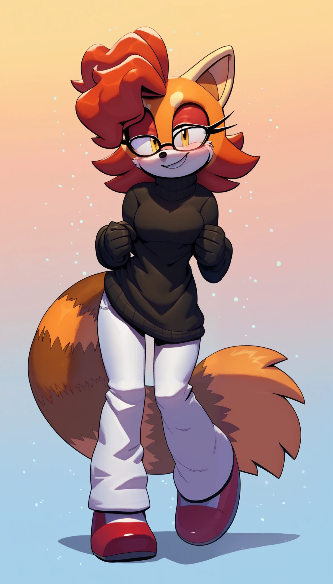 masterpiece, best quality, 1girl, anthro, furry, Mobian, fur, fluffy fur, red panda girl, furry, red panda ears, animal nose, cute eyes, yellow eyes, red panda tail, red hair, medium hair, wavy hair, solo, (simple background), detailed, black sweater, white pants, cute grin, head tilt, ager (18 years), medium breast, glasses, blush, looking at the viewer, light particles, score_9, score_8_up, score_7_up, score_6_up, score_5_up, score_4_up, evnstnly, Even Stanley art style, Sonic OC, Sonic fan character, Sonic the Hedgehog series, 2D art style