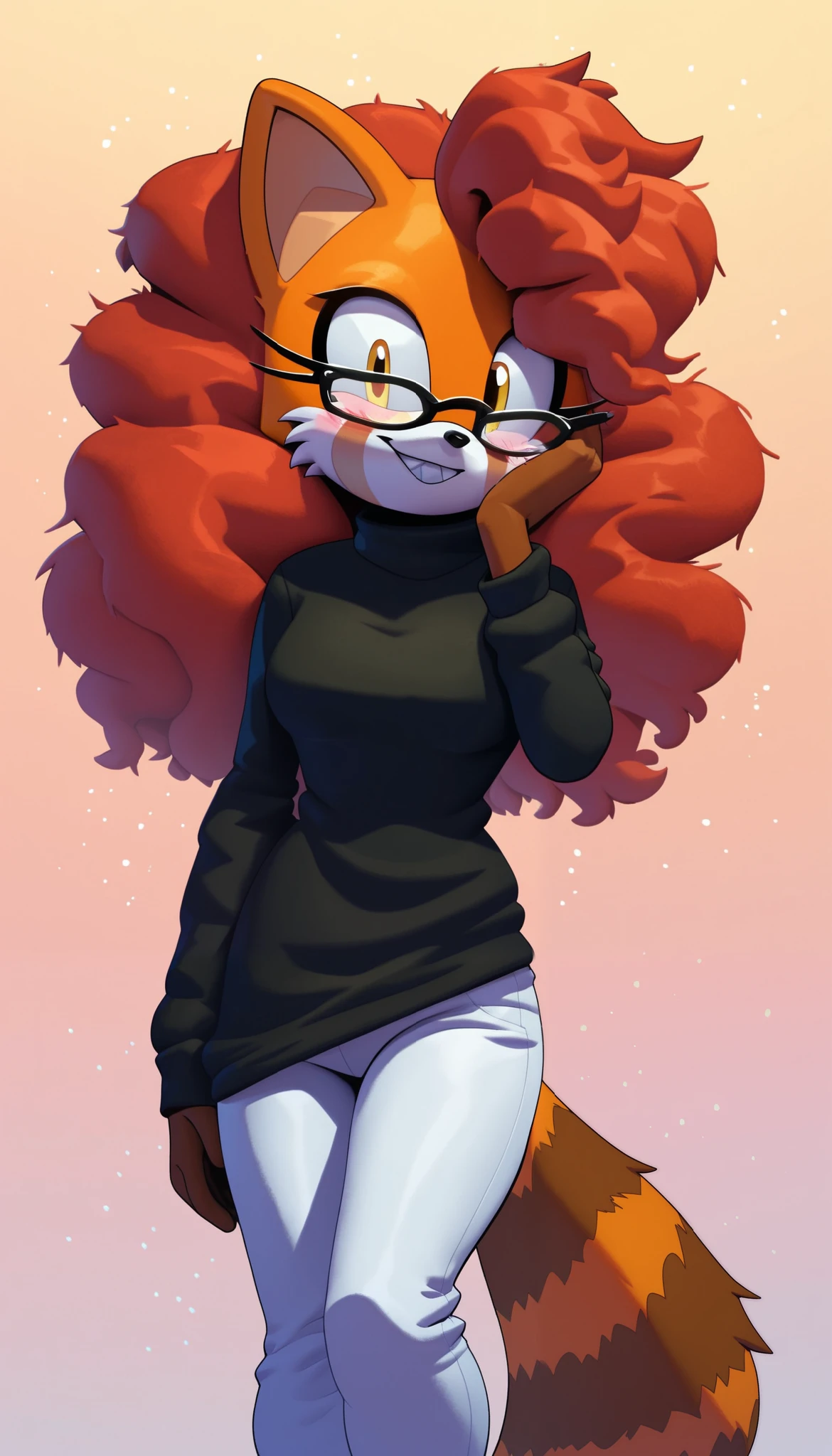 masterpiece, best quality, 1girl, anthro, furry, Mobian, fur, fluffy fur, red panda girl, furry, red panda ears, animal nose, cute eyes, yellow eyes, red panda tail, red hair, medium hair, wavy hair, solo, (simple background), detailed, black sweater, white pants, cute grin, head tilt, ager (18 years), medium breast, glasses, blush, looking at the viewer, light particles, score_9, score_8_up, score_7_up, score_6_up, score_5_up, score_4_up, evnstnly, Even Stanley art style, Sonic OC, Sonic fan character, Sonic the Hedgehog series, 2D art style