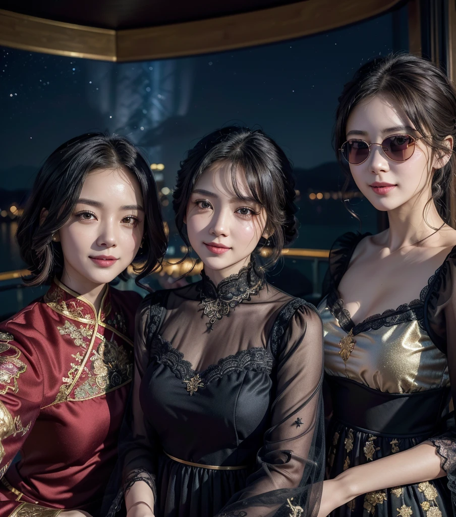 ((top-quality、masutepiece、8K、Top image quality、Highly complex and detailed depictions))、(Group photo of Italy's majestic and most beautiful goddesses:1.5)、(Goddesses in the most luxurious and dignified costumes take a group photo:1.5)、Luxury red-light district of medieval Italy、(The most luxurious and intricate goddess costumes:1.3)、(The most extravagant and majestic goddess huge gorgeous costume:1.3)、((The most gorgeous Italian goddess costume、The most extravagant and lewd red-light district、An unimaginably huge entertainment district、A very luxurious and obscene red-light district in medieval Italy、A huge red light district at midnight in medieval Italy、Very complex decoration)、(View me、Bewitching smile、long eyelashes、Perfect makeup、lipsticks、A slight smil)、(perfect anatomia:1.2)、(blurry backround:1.1)、(Portrait photos:1.2)、spectacular movie lighting、(romantic mood night:1.1)、(Perfectly recreates the atmosphere of a medieval Italian red-light district:1.3)、(obscene entertainment district:1.1)、(Obscene mood 1.1)