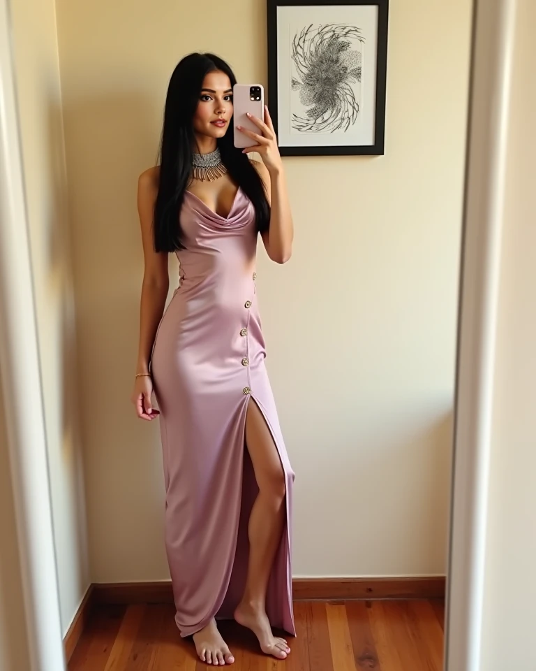 very sexy tall girl wearing a very long sheer dress posing, flirty eyes, perfect fit body,small gorgeous eyes, Soft smile,beutiful face,thick thighs, eyeliner, long train dress, perfect shape body,beautifull nose, beautifull lips, walk into bed, satin hijab, modern hijab, clear nipple, full body photo, satin sheet,full body photos,walk pose, tight long dress, glamour dress, high detail face, high realistic image 