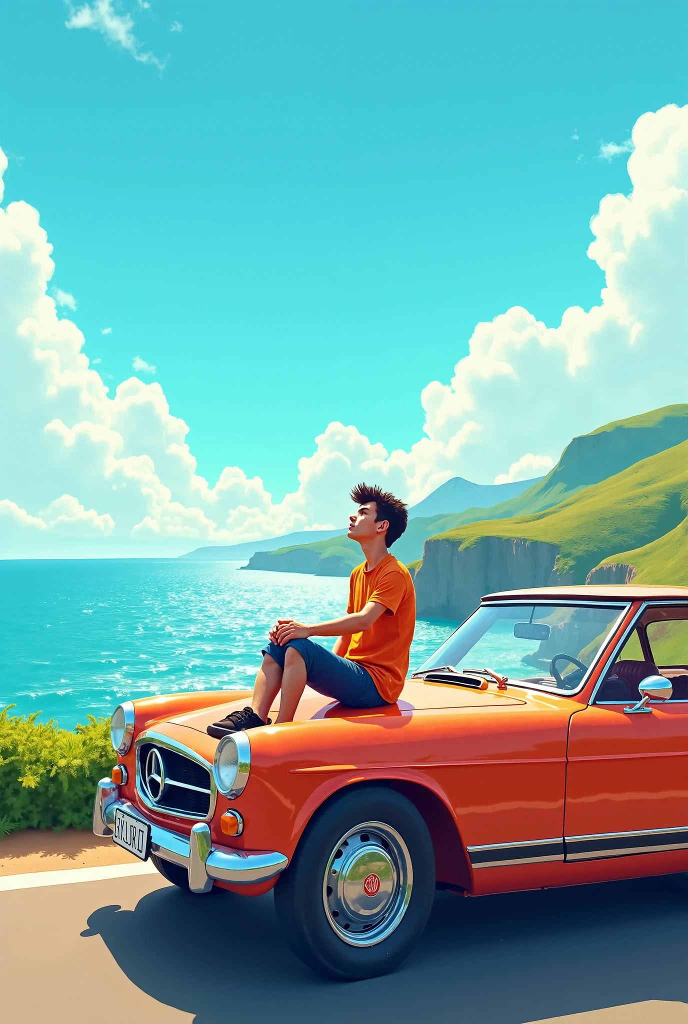 There is a man sitting on the hood of a car by the ocean - SeaArt AI