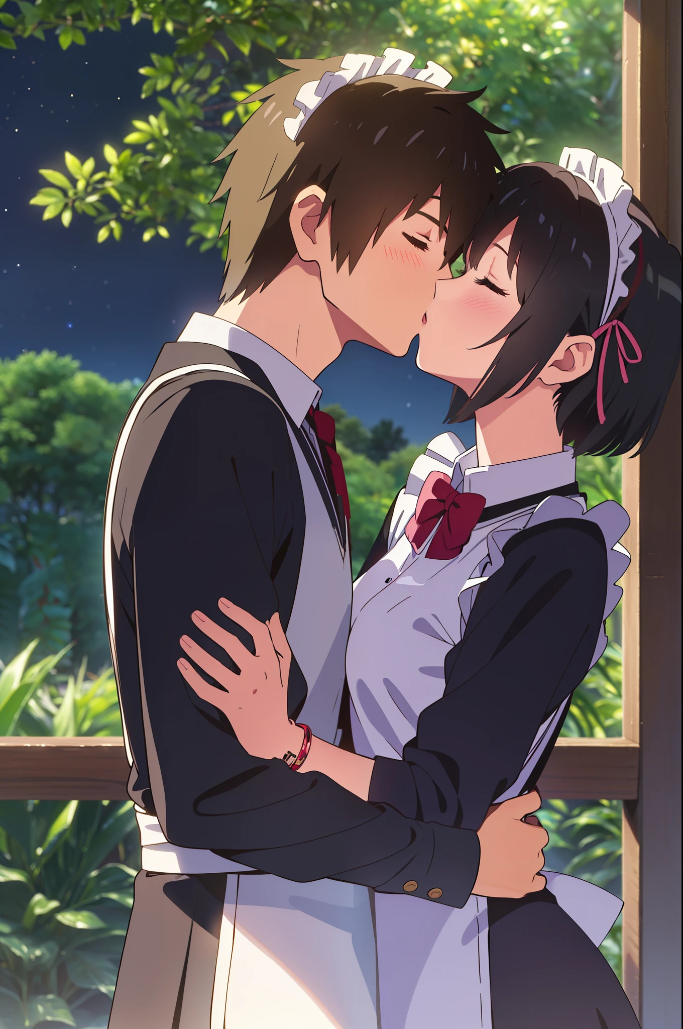 shinkai makoto, kimi no na wa., 1girl, 1boy, bangs, black hair, blush, (boy wear Suspender Clothes), ((girl wear maid dress, short dress, short skirt, maid headdress), bow, ribbon, short hair, cute, love, couple, adorable, Off-the-shoulders, dating, (((kiss, deep kiss, tongue, saliva))), closed eyes, bracelet, passionate hug, flower field, Sit on grass, sky, cloudy, afternoon, sunlight