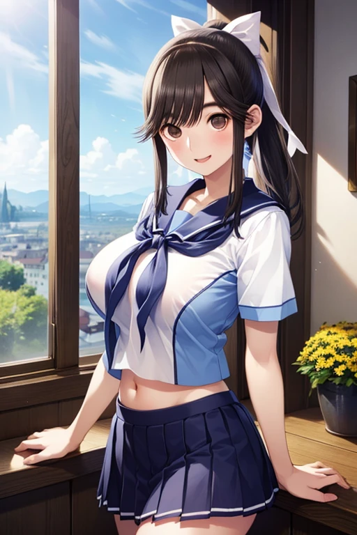 xp-tan, ((masterpiece)), ((best quality)), (ultra-detailed), ((extremely detailed)), 4K, (8K), , 1girl, (((full color))), ((((perfect ???????)))), (five fingers), , (beautiful detailed black hair), (((world-class quality))), photorealistic, extremely detailed, high resolution, (((detailed shaded pretty face))), house wife, beautiful detailed eyes, solo, ((glowing detailed skin and hair)), white-skinned, ((((gleaming skin)))), fucked silly, baby face, full-face blush, (sagging breasts) ,thigh ,huge breasts, in heat BREAK xp hair ornament, detached sleeves, blue skirt, thighhighs, long sleeves, blue pleated skirt BREAK