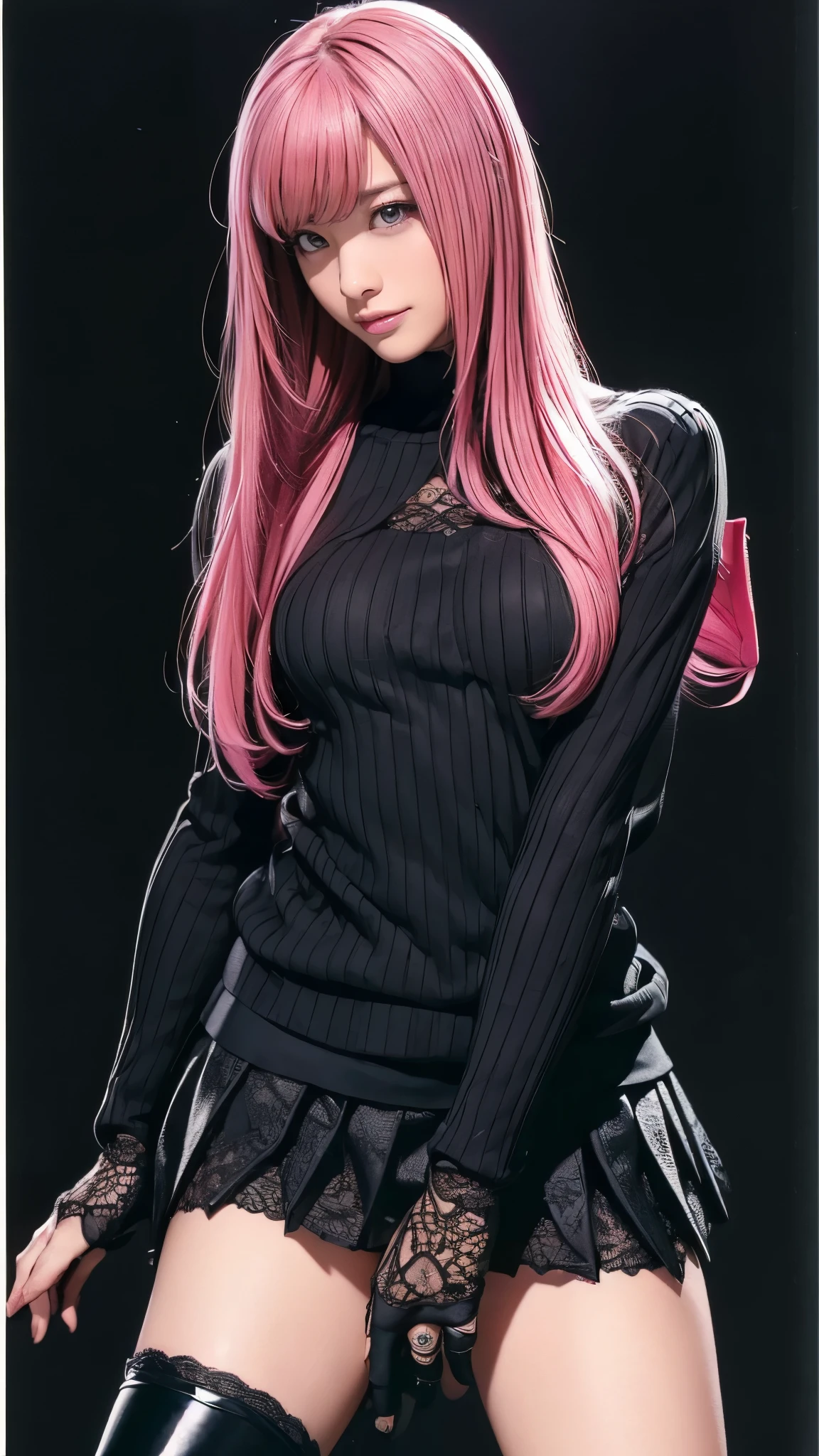 ( Masterpiece:1.2, Top Quality), ( exists, photo  exists:1.4), (Knee, smile, happy),  droopy eyes :1.5,  big round eyes,  very thin :1.5, Extremely thin thighs:1.5,  depth of the drawn border,   girl:1.5,  perfect face ,  cute face, ( long hair,  pink hair with crotch), ((black turtle sweater,  black miniskirt , black boots , Lace Glove:1.2)), (The background is white), (Astonishment,  surprised expression), ((Please hold the Fender Stratocaster))