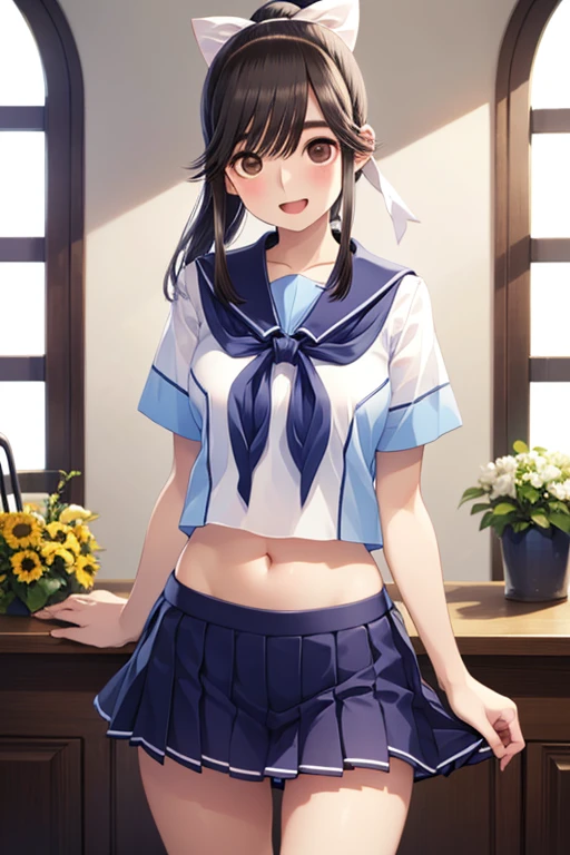 white large plainＴshirt)),((Navy blue bloomers)) 、huge breasts、ponytail, japanese girl, 8K, ((full body shot))， highest quality, masterpiece, realistic, Photorealistic super detail, one girl, cute, best smile, beautiful eyes, long hair, perfect face,full body shot