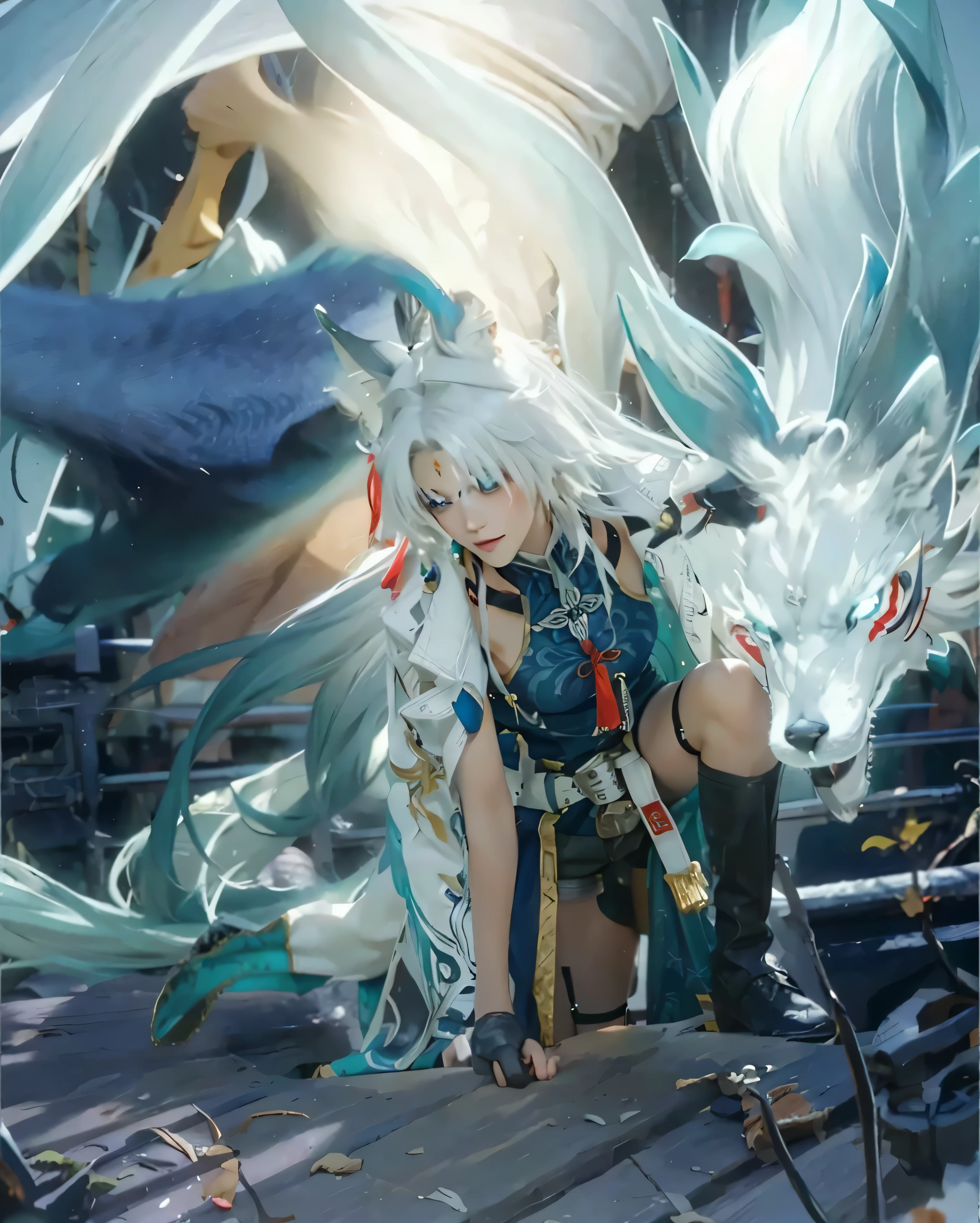 ((FEXIAO_HONKAI STAR RAIL),((realistic, photorealistic)),(highlight hair)), Light reflection, (( HD )),((upper body)), (((best quality, masterpiece))), (masterpiece) (best quality) (detail) (8k) (HDR) (wallpaper) (cinematic lighting) (sharp focuasterpiece, best quality: 1.1), Real life adaption of this character, Asian beauty face, Shining Purple eyes, realistic outfit, realistic shadow, realistic light, realism, hyper realistic, realistic background,(photorealistic:1.2), 1girls,score_9, score_8_up, source_anime, 1girl, solo, FeiDefault, animal ears, long hair, ponytail, multicolored hair, white hair, red eyeliner, ringed eyes, forehead mark, ear piercing, tassel hair ornament, tassel earring, print shirt, brooch, blue shirt, chinese clothes, high collar, tassel, white coat, red gloves, fingerless gloves, white belt, waist cape, black shorts, thigh strap, knee boots, standing, outdoors, smirk, masterpiece,best quality,1girl, feixiao_(honkai_star_rail), animal_ears, solo, weapon, , boots, holding, polearm, breasts, holding_weapon, looking_at_viewer, fox_ears, jewelry, shorts, knee_boots, smile, facial_mark, gloves, holding_polearm, animal_ear_fluff, forehead_mark, jacket, belt, spear, open_clothes, large_breasts, black_shorts, coat, thigh_strap, standing, black_footwear, Night background, shadow dragon,Shadow light,Loose hair