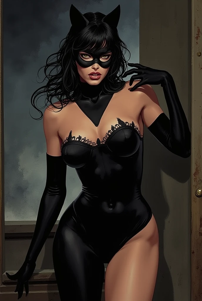 shot below eye level, black and white photorealism, handsome girl, green colored eyes, pink lips, Slender figure, I&#39;m standing on the roof of a high-rise building, endearing smile, (Catwoman: 1.1), long cloak on the shoulders, The perfect female face, A detailed eye, long eyelashes
