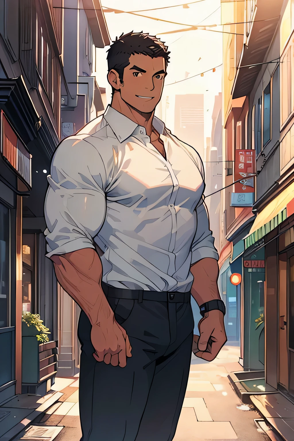 masterpiece, top quality, super detailed , 1 person, large , Strong, Muscular, male background, only, beef, sports, tans skin , dark hair , (Flat head:1.0), Super short hair, blackboard , Very Detailed Eyes , Smile, White Shirt , blackboard , , medium full body shot , City Street Background , sunlight, illustration, stride FlatMix _v10.tensor, black, curse energy , male focus ,pastor ,Hello,About 20 years old