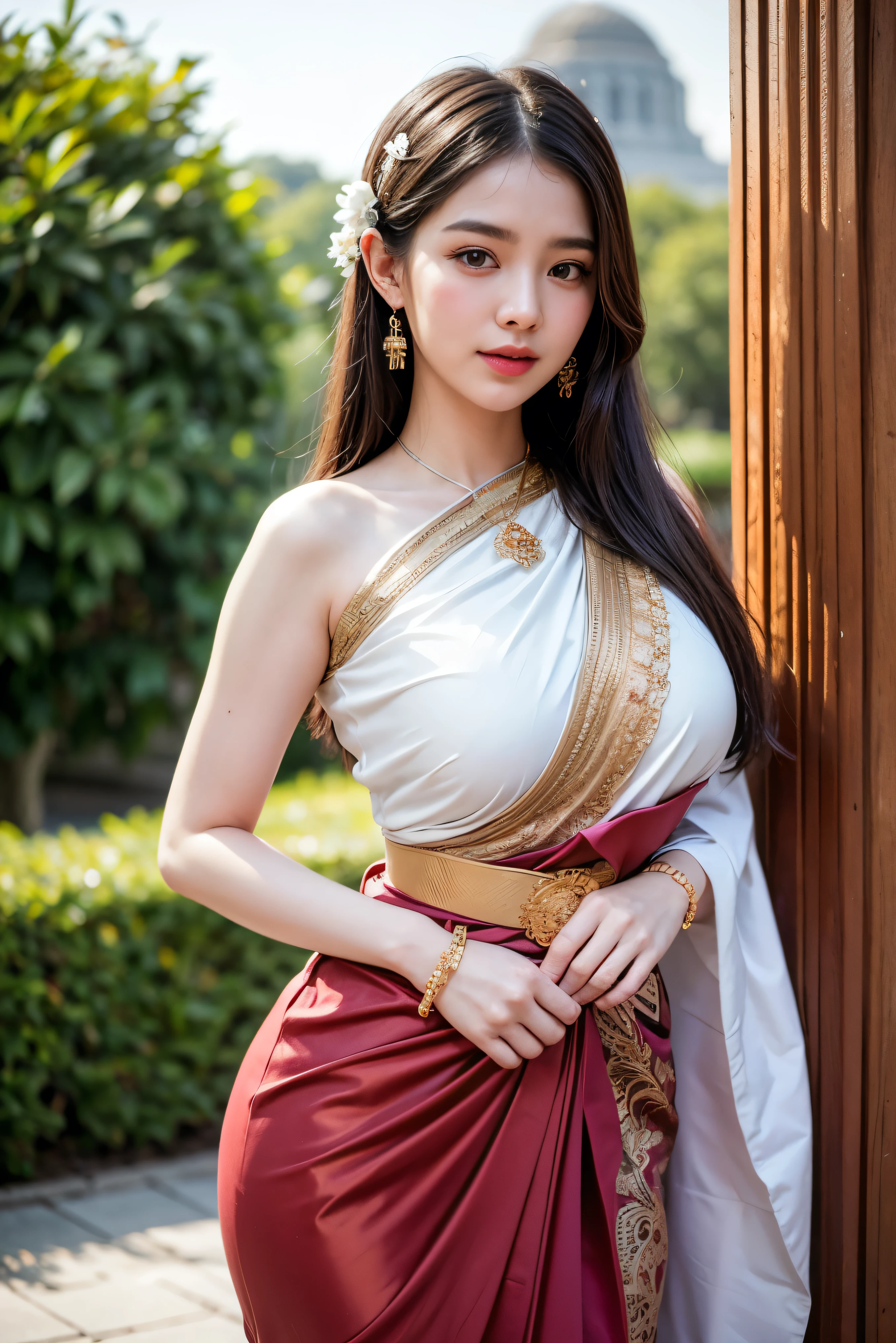 8K, ultra high detailed, an thai girl, cute face, happy, long hair, impressive hairstyle, detailed eyes, detailed lips, thai clothes, saree, red saree, lace, wearing jewellery, nature background, flowers, afternoon, shadow, clear weather, whole body capture, Big Breast, nsfw