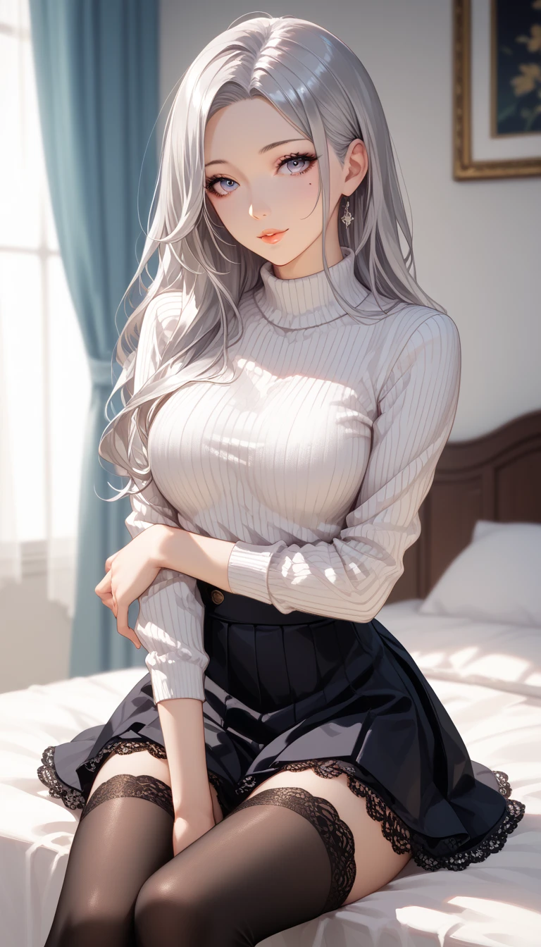 1girl,、Silver-haired hair、Ponytail with bangs、vampire、sharp fangs、She has a very beautiful face、Big and beautiful eyeid-chest、(((In underwear)))、Detailed depiction of the sheerness and wrinkles in the thin underwear material、Detailed depiction of the beauty of hair、Detailed depiction of blue eye sparkle、Girl squatting and spreading her legs、(((He is smiling with his eyes shining and showing two long, sharp fangs.)))、Super excited girl、、A large, clean, white bed、Large bedroom