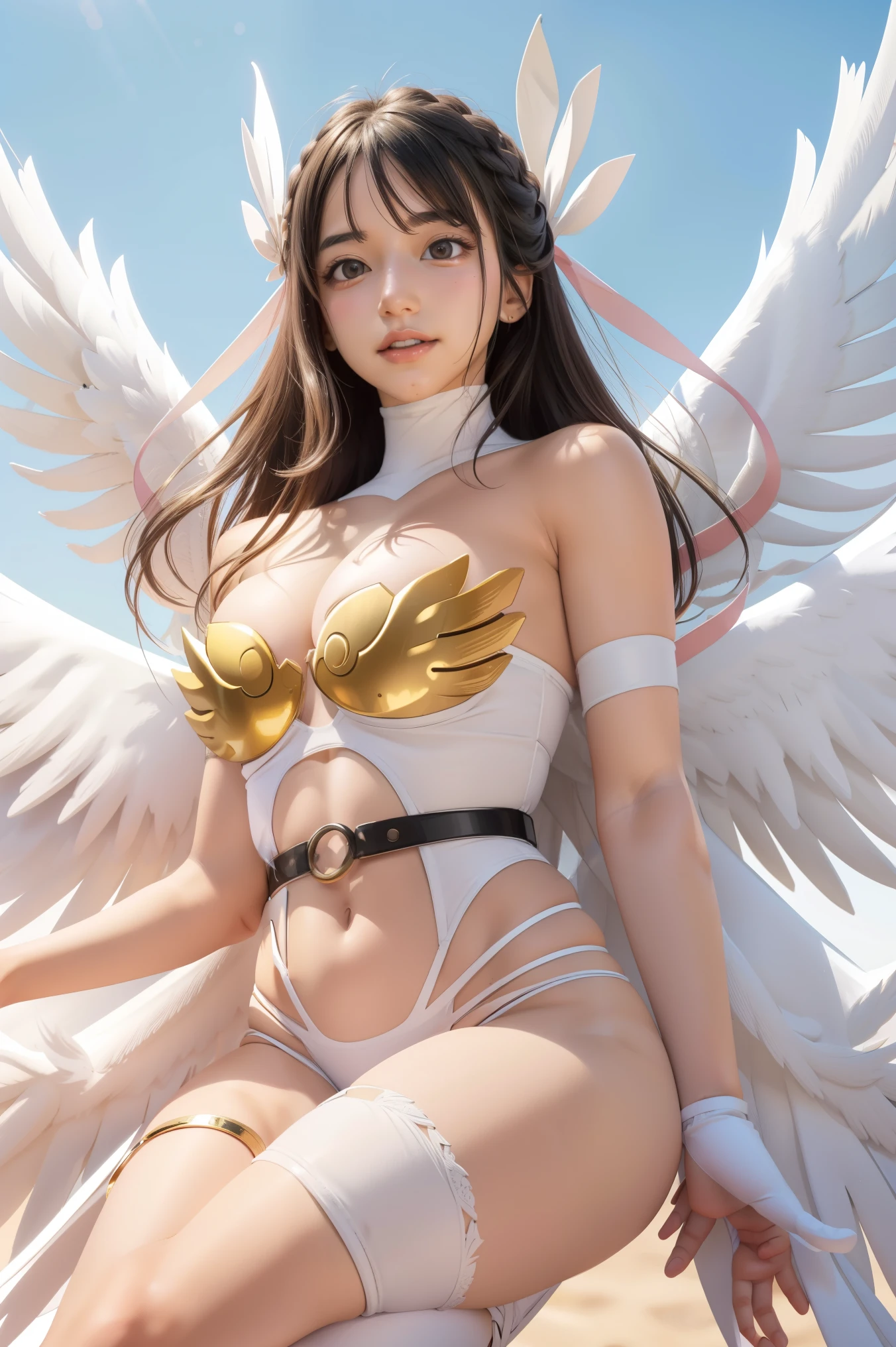 a woman in a dress with angel wings standing in front of a building, diosa del anime, angel knight girl, full - body majestic angel, Arte detallado de alta calidad 8K, artgerm extremadamente detallado, 2. 5 d cgi anime fantasy artwork, tiro de diosa extremadamente detallado, Hermosa y seductora mujer de anime, diosa. detalle extremadamente alto, beautiful female angel, beautiful angel