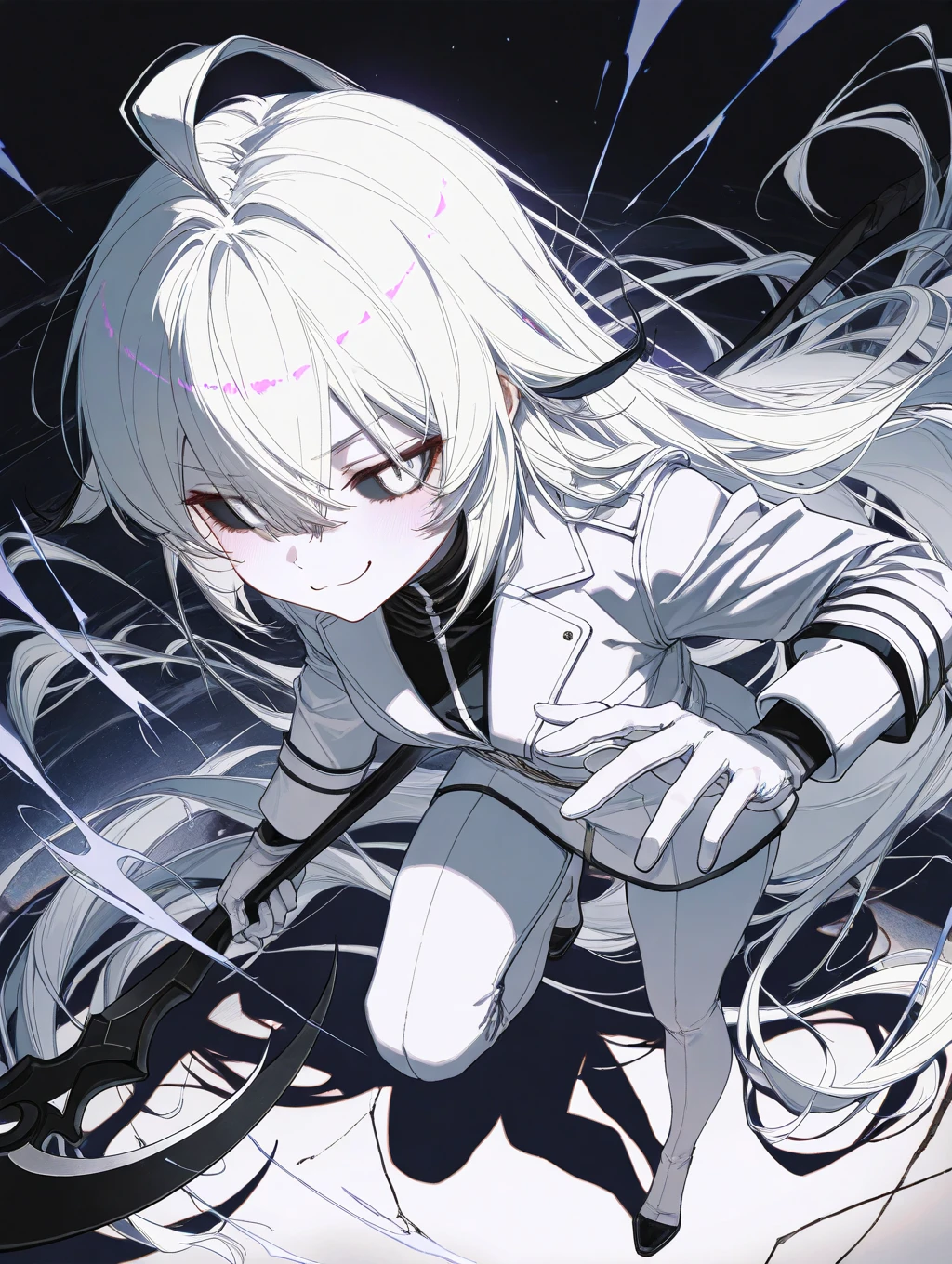 1girl, black hanekawa, monogatari (series), white cat ears, long white hair in tight braid, mid-air acrobatic pose, evading laser grid, high-tech vault room, flexible cat-like contortion, intense concentration, eyes glowing in dark, tail extended for balance, black catsuit with reflective patches, barefoot for silence, graceful hand positioning, beads of sweat, red laser beams crisscrossing, dim atmospheric lighting, security sensors, masterpiece, best quality, absurdres, dynamic action pose