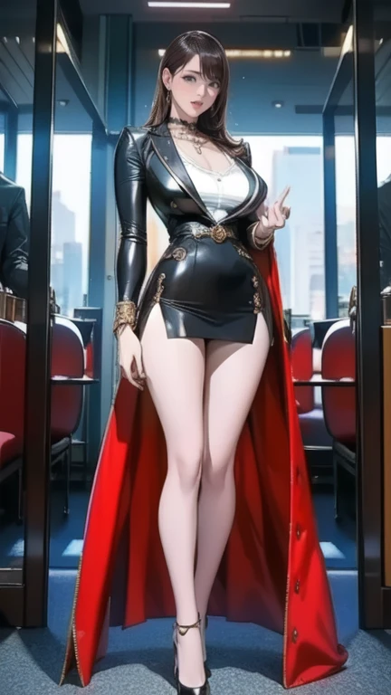 high quality, detailed image, Anime style, very rich woman, arrogant look and smile, Arrogant expression, long hair, lush breasts, in a tight aristocratic fencing costume with expensive jewelry and a short trench coat, without pouges, in leather boots, in tight trousers, wearing a beret, stands absolutely alone in the aristocrat&#39;s room, medieval fantasy 
