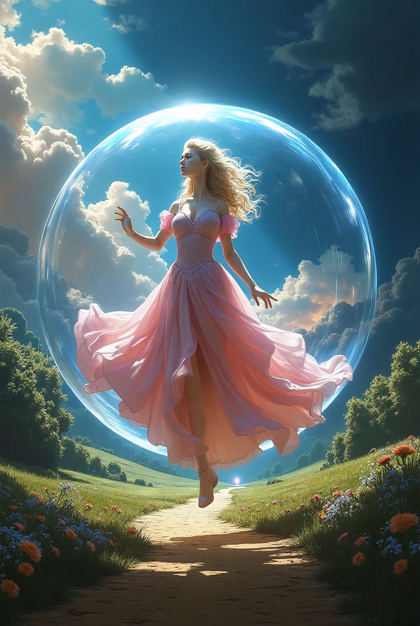Glinda from the wizard of oz movie standing in side her flying round bubble that ((completely surrounds her whole body head to toe)), in the air floating