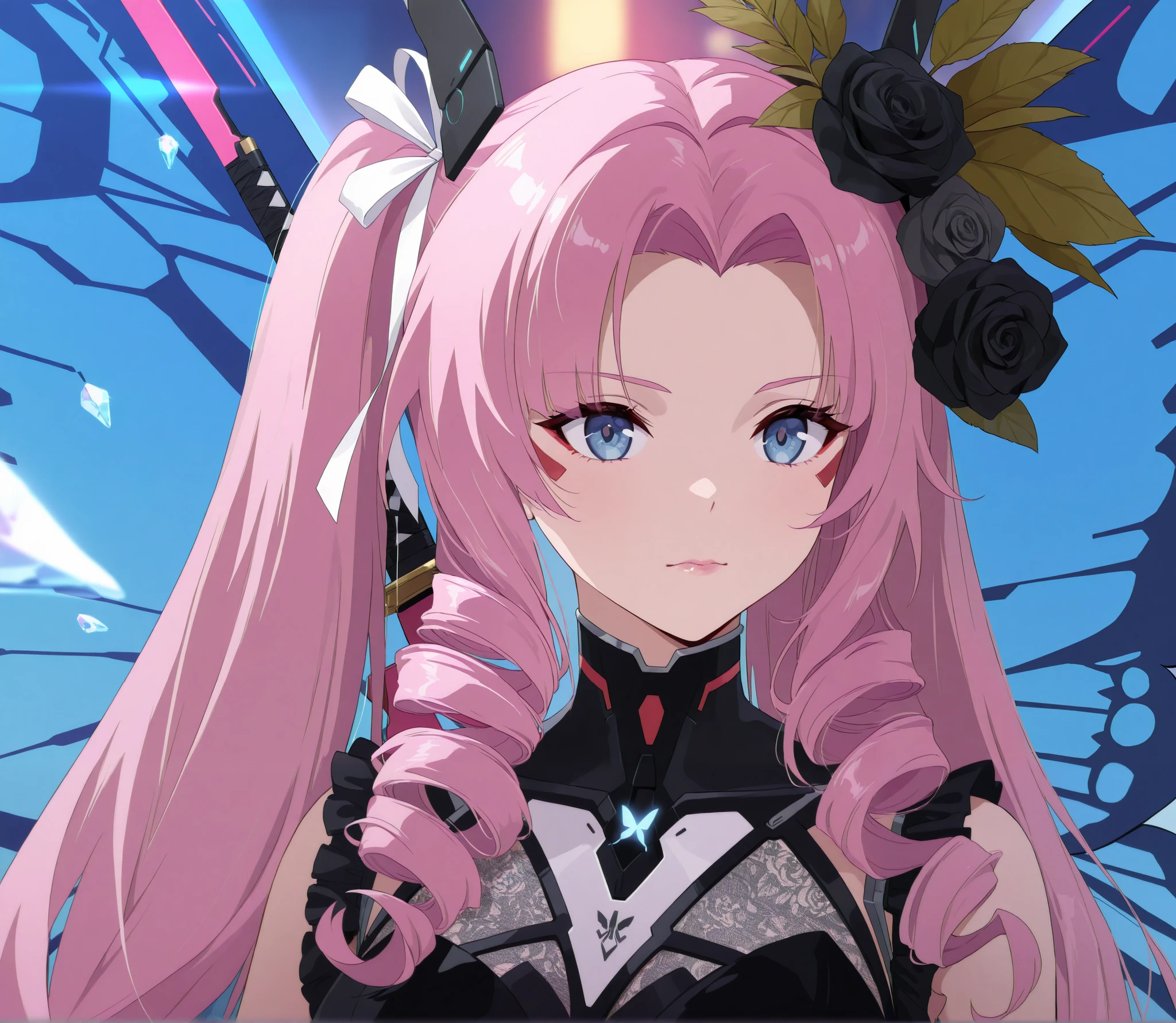 close up of a young anime girl with long curly pink hair and long pigtails with a white ribbon wearing a black silk dress with gray rose decorations, her front hair is curly and her rear hair is long, detailled shiny ice blue eyes, in a futuristic setting, in her hair she is wearing a black rose, anime girl with pink hair and butterfly wings in a futuristic setting, perfect anime cyborg woman, female cyberpunk anime girl, from the azur lane videogame, anime cyborg, portrait knights of zodiac girl, cyberpunk anime girl mech, cyberpunk anime girl, katana zero video game character, girl in mecha cyber armor, female anime character, close up of a young anime girl