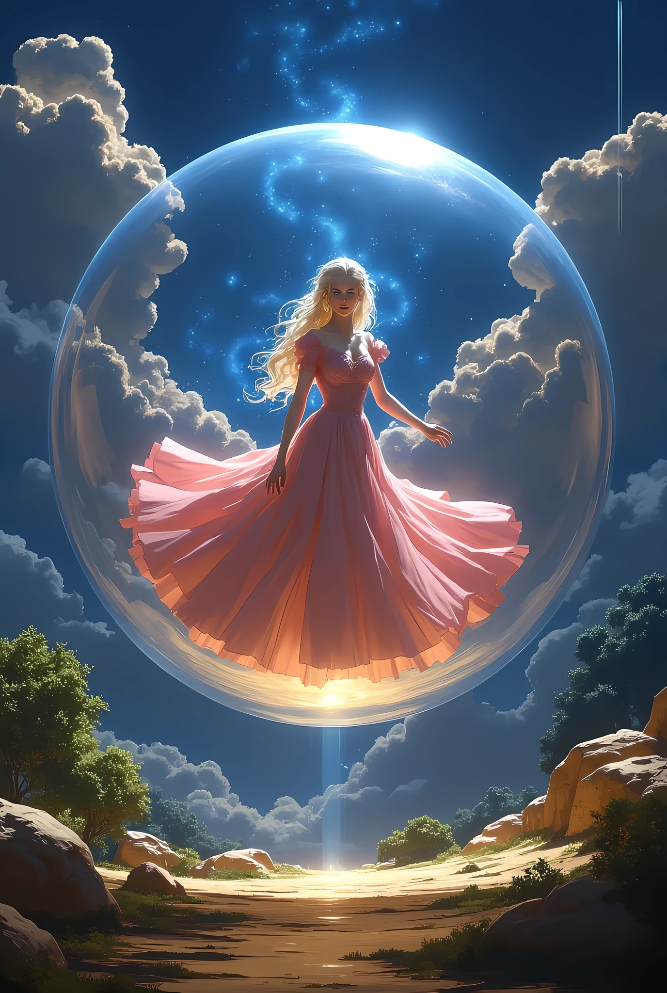 Glinda from the wizard of oz movie standing in side her flying round bubble that ((completely surrounds her whole body head to toe)), in the air floating