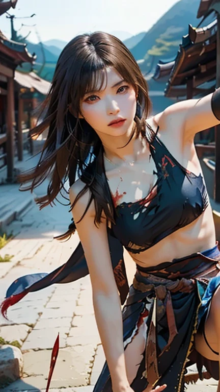 (Positive Focus)、(in the darkness nigth:1)、(beste-Qualit)、(Realisticity:1)、realistic skin textures、Extremely detailled、32k wall paper、volume illumination、Dynamic lighting、small amount of armor、hand guard、veils、Ancient Japanese Wind、Escape Action、run、scape、Chased、 Waist dagger、Semi-crouched attack stance、Clothes torn、ancient Japanese battlefield、Group of ancient soldiers chasing and killing、Flying arrows、bio、nights、dramatic compositions、sayaairie、((Flat Chest)),((A beautiful girl)),(Are thin),(professional lighting),(No underwear),((Beautiful Eyes)),(A plain ancient Japanese kimono in navy blue),