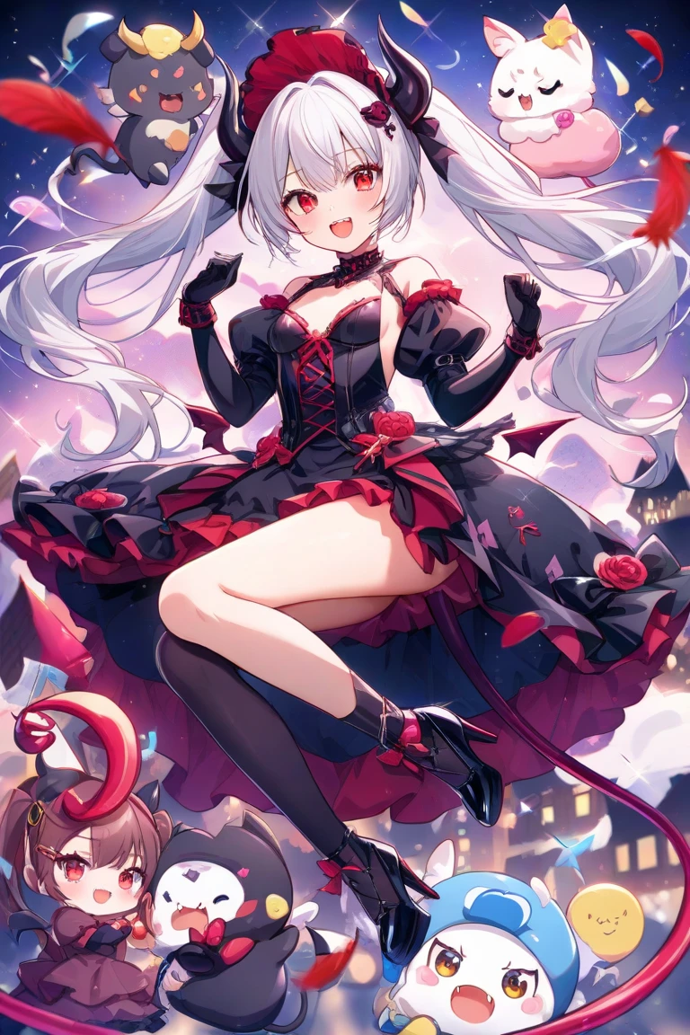 Vampire、back、turn around、darkness、In a Western-style mansion at midnight、Thighs、Girl、Girl、Short、Younger、Lower school year、Baby Face、Both eyes open、flat chest、Dynamic Angle、Blood from the mouth、tooth、smile、Many bats flying、Bloodsucking、leotard、tights、Succubus