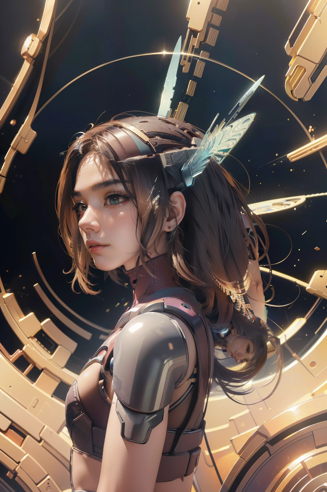 (masterpiece, top quality, best quality, official art, beautiful and aesthetic:1.2), (1girl), (fractal art:1.2),absurdres, highres, ultra detailed, Ultra-precise depiction, solo, (zentangle:1.2), floating hair, shiny skin, (abstract:1.2), pantyhose,looking at viewer, cyberpunk robot, complex robot, halo,