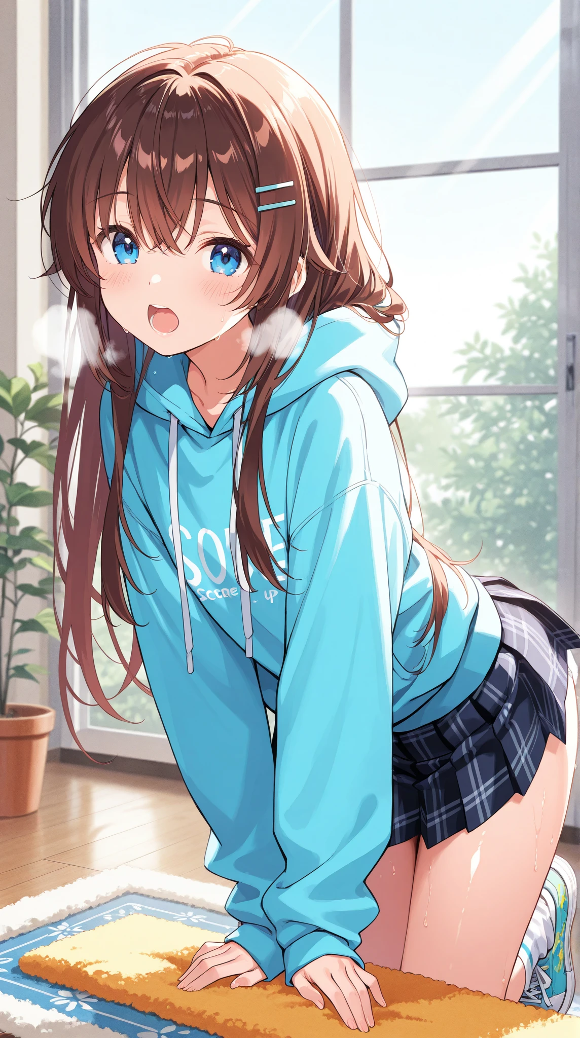 ((masterpiece)), ((best quality)), (ultra-detailed), ((extremely detailed)), 4K, (8K), best quality, (beautiful), anime style, upper body, look up from below, full body focus, in the Photography Studio, a cute girl, 1girl, solo, (Down jacket, turtleneck, Mini skirt), beautiful light brown hair, ((beautiful eyes)), medium hair, buttocks, ashamed, (show one's white panties:1.2),lens flare, shiny-glistening, gleaming