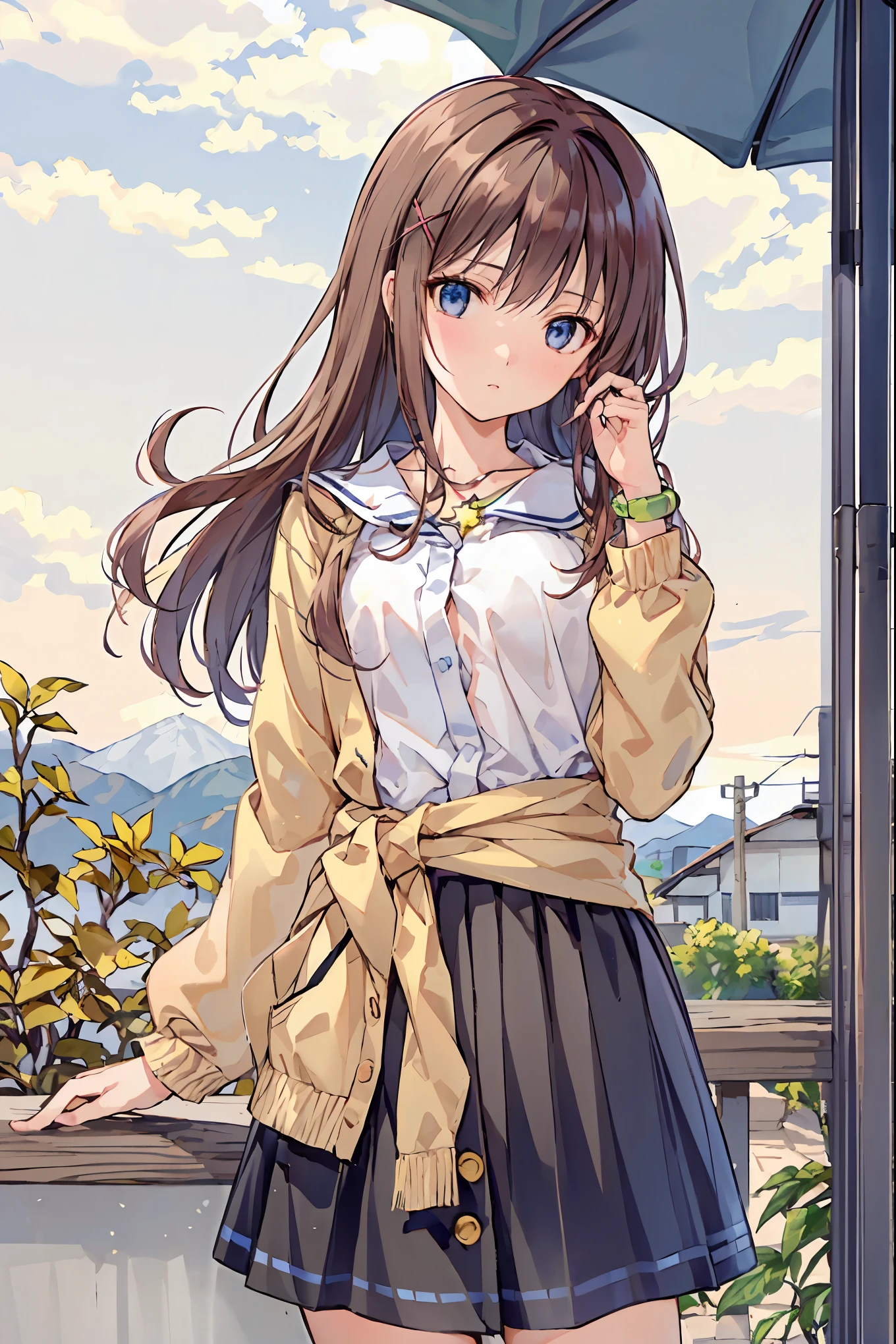(( top quality)), ( very detailed), ( high definition CG synthesis 8K wallpaper), 高いly detailed, 高い-definition raw colbor photos, Professional Photoshoot, depth of written border, bright lighting 、 beautiful illustrations 、 has enchanting gray-blue eyes that shine like stars、
(8k, RAW photo, top quality, Masterpiece:1.2), ( by Nomi, by Nomi:1.37), very well detailed , 1 person, alone, cute、( See uniforms :1.2), ( that improves white space :1.2), ( white shirt:1.3), ( beige cardigan wrapped around the waist:1.3), ((Chest, The button is off):1.2), ( plaid pleated skirt:1.2), (( necklace, colorful bracelet , x hair accessories):1.2), Mountain, wood々Yellow leaves, autumn leaves、Background view , sunset, sunlight, Beautiful Afternoon, cloud, Wind in my hair, Leaves flutter, Environment details, More vibrant colors, Saturation effect