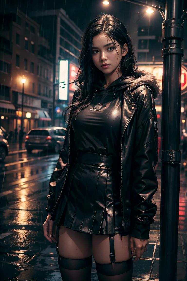 ((8k，masterpiece，best quality，Ultra-detailed，realistically))，extremely detailed face，movie lighting，movie lighting，Ray tracing，unlit hair， On cloudy streets，Corner store，bus stop，Torrential rain and heavy rain，Girl with long black hair and black eyes.。(She was wearing a red fur-trimmed hooded jacket，white shirt，Short black skirt and black garter belt，clothes soaked by rain，Black exposure，outdoor depth tent ），Lens lighting，Lifting up her skirt without wearing pants