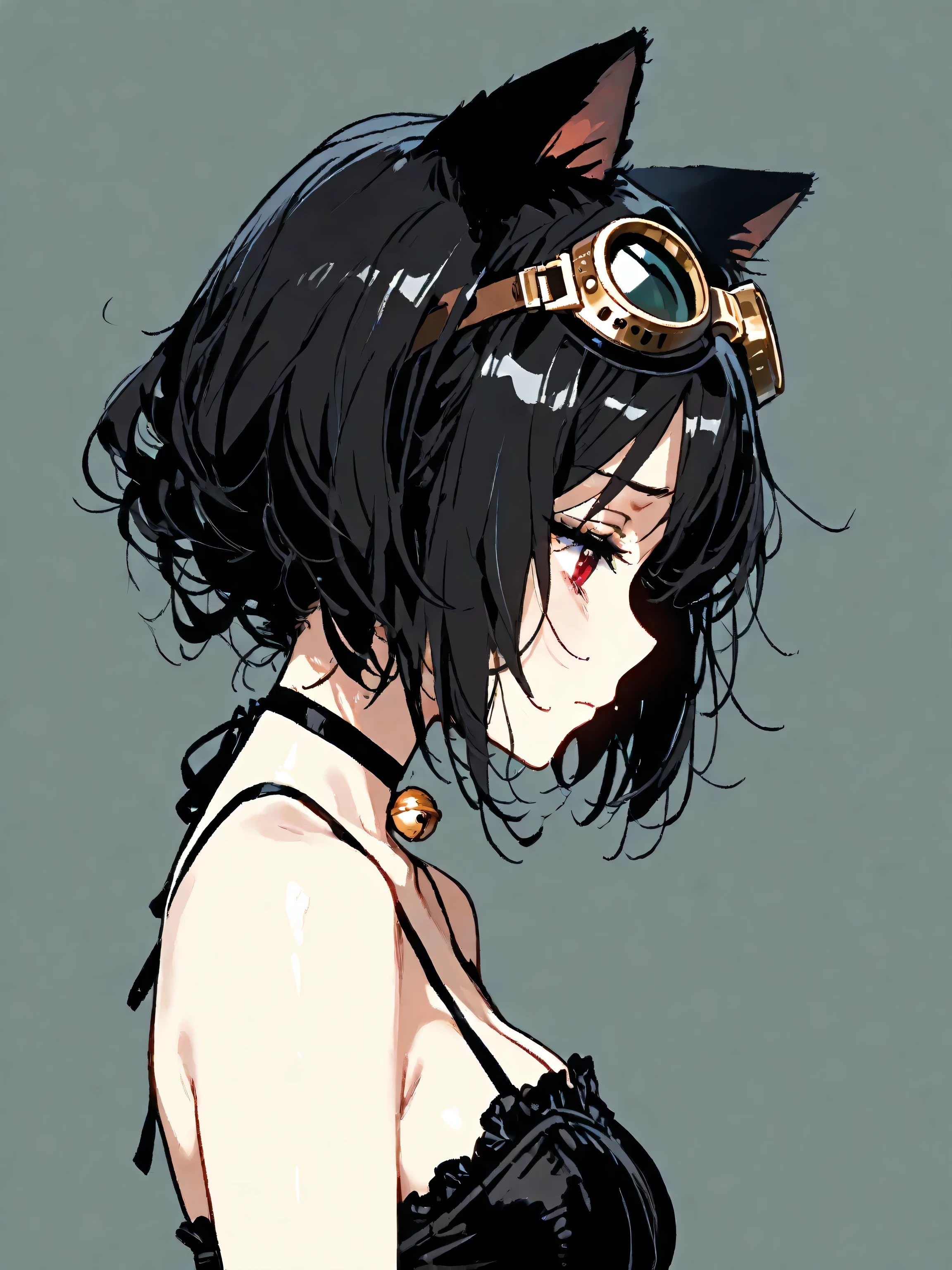 1girl, (No outline), simple background , simple profile , Goggles and cat ears, women in the world always wear goggles and cat ears, she wears cutting-edge gold goggles, beautiful girl, sexy, deep black hair, red eyes, sad