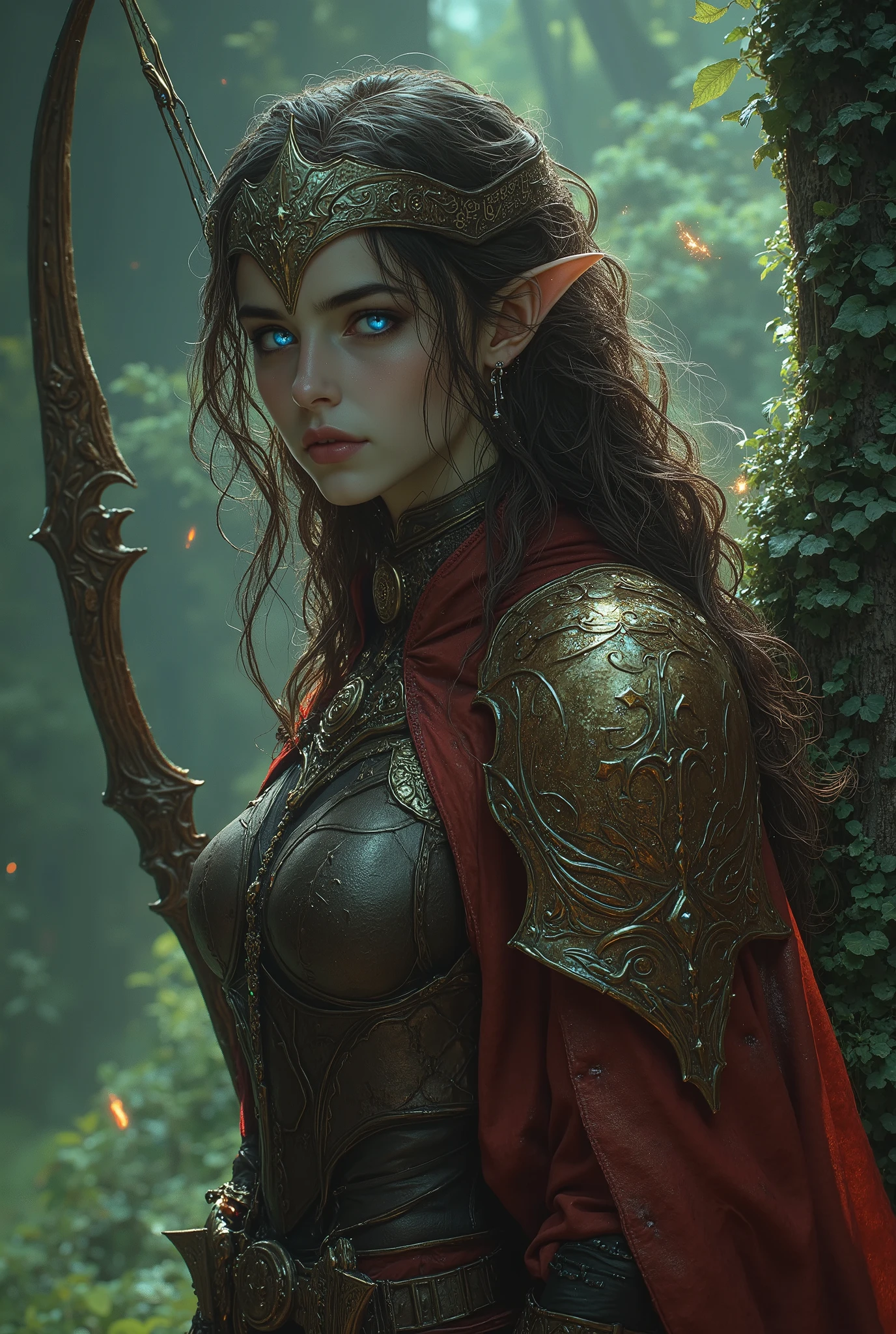  best quality, Masterpiece, super high resolution , Strong elf woman, iridescent eyes, long curly hair, Leather Armor, nyuru, Archer, Exquisite Bow,  Mysterious Runes, Magical,  detailed ed background, forest, extreme detailed, 4K, vivid colors