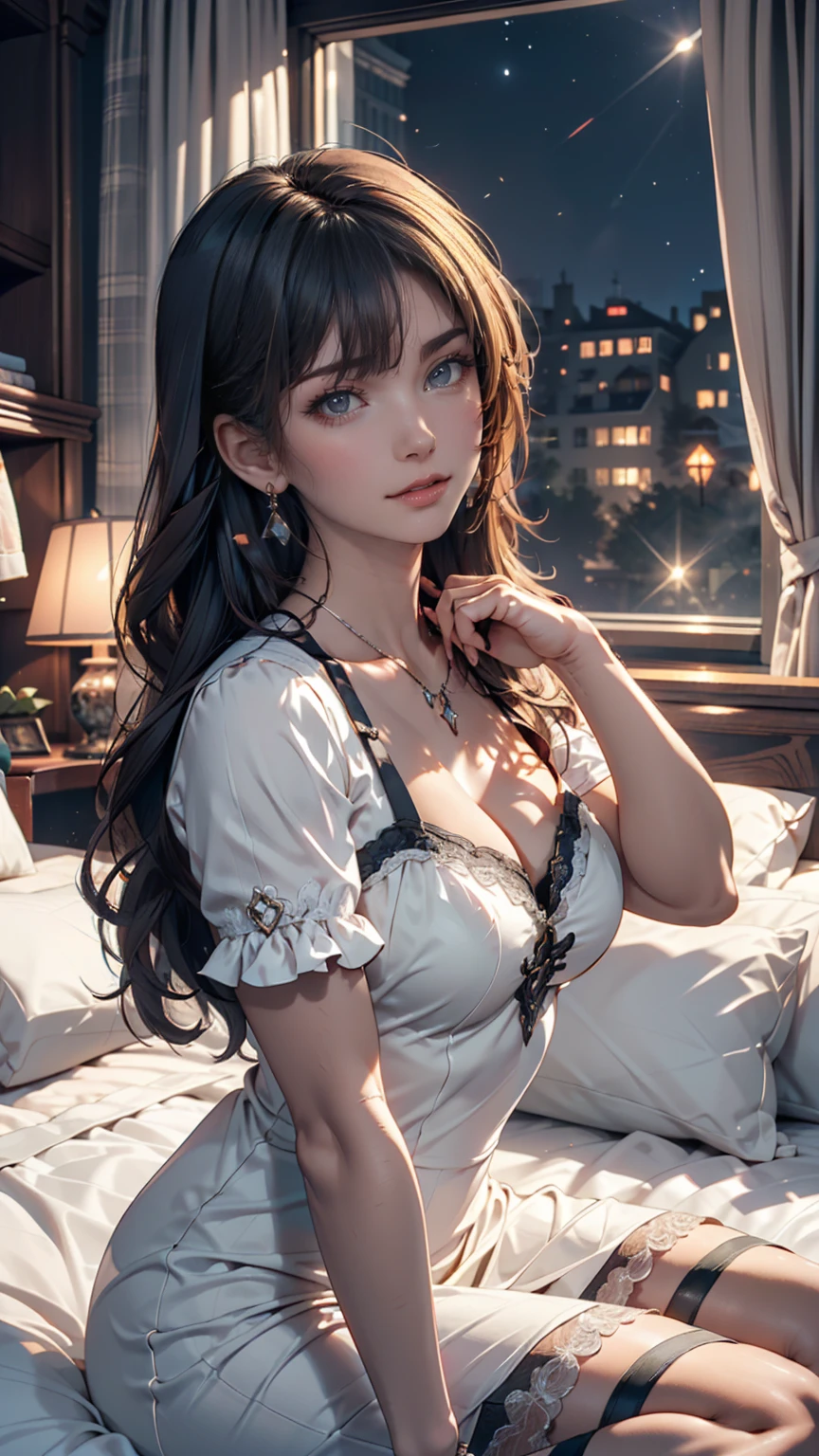 ((masainterpiece, besaint quality)),, saint. Louis (Luxury Wheels) (Azur Lane), High resolution, highesaint quallity, illusaintration, Cinematic Light, Super detailed, Detailed face, (Detailed eyes), besaint quality, Super detailed, masainterpiece, (Detailed face), large breasaints, hair ornaments, Earrings, necklace, Portraiture, Silver Dress, Revealing clothing,highesaint details, Glowing Eyes, (Hotel:1.2), Sitting in bed, Sitting, bed, window, Night Sky, Backlight, light, (high contrasaint), (colorful),