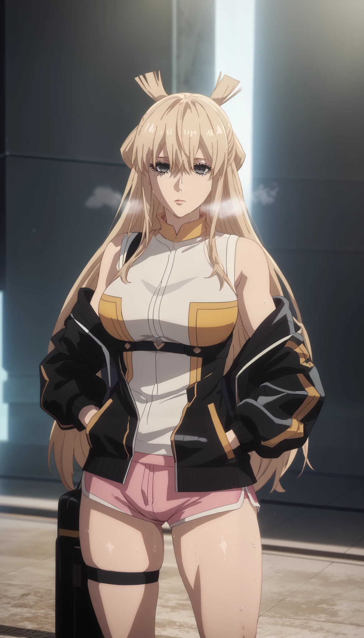 score_8_up, score_6_up, uncensored, yumeko suzukiri, long hair, blonde hair, black eyes, half updo, sidelocks, hair between eyes, anime coloring, anime screencap, (voluptuous:1.3), (thick:1.3), BREAK UHD, retina, masterpiece, accurate, anatomically correct, textured skin, super detail, high details, high quality, award winning, best quality, highres, 4K, excessive sweating, sweating, sweating drop, (gasping, heavy breathing:1.3), (skindentation:1.2), perfect eyes, beautiful eyes, eyelashes, makeup, detailed body, perfect body, BREAK, protruding breasts, white shirt, sleeveless, dolphin shorts, short shorts, pink shorts, tank top, track jacket, black jacket, thighs strap, hands in pockets