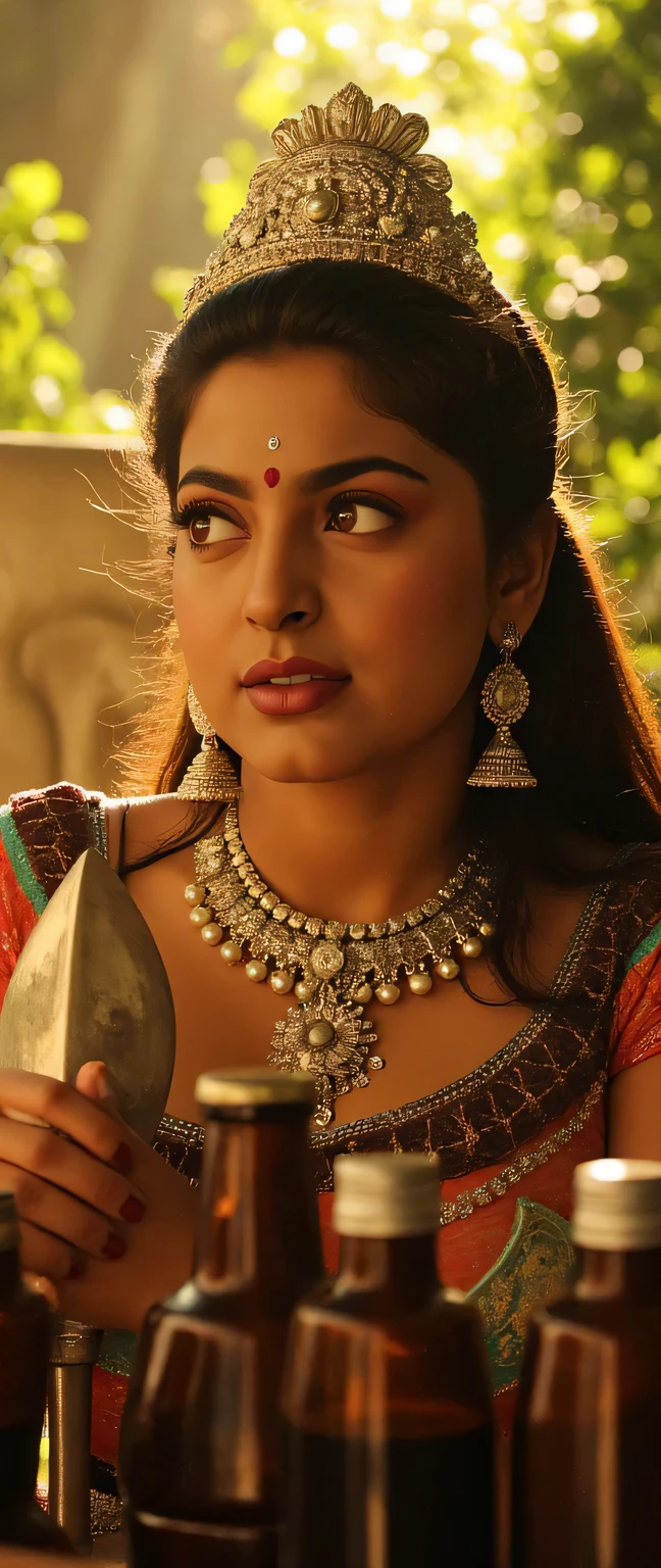 Day scene,a extremely beautiful powerful goddess durga,wearing a crown,holding a trishul,in jungle (Forest),hyper detailed,cinematic lighting,intricate details,photorealistic,8k,masterpiece,(best quality,4k,8k,highres,masterpiece:1.2),ultra-detailed,(realistic,photorealistic,photo-realistic:1.37),incredible detail,dramatic lighting,highly detailed face,beautiful detailed eyes,beautiful detailed lips,extremely detailed eyes and face,longeyelashes,dramatic pose,intricate jewelry,ornate trishul,glass bottles,reflective surfaces,atmospheric lighting