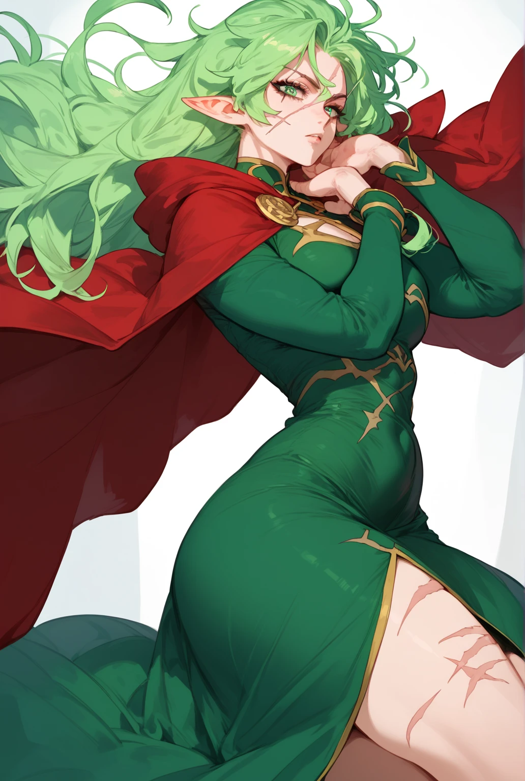 a female who has hazel eyes and green hair. Her true form is that of a tall, fully-grown curvaceous and well-endowed adult with long waving green hair. Notably, she has a scar and the crimson line that runs across her face, and pronounced lower canine teeth. Her gown is now torn into a skirt and a top, connected with a single strip across her abdomen.