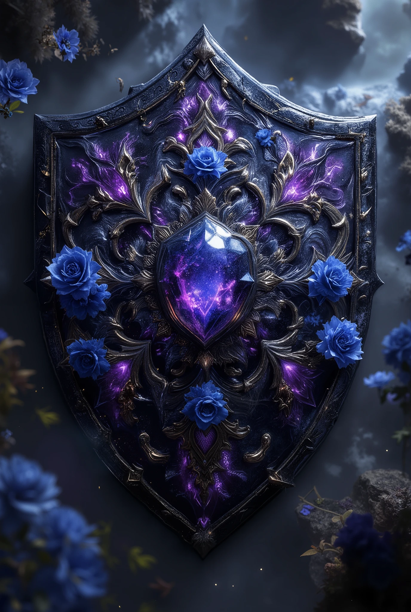Beautiful Fantasy style ,  Very detailed ,  A large beautiful shield made of black metal with purple patterns and bright blue rose buds,  Very beautifully shaped with small bulges and a pointed bottom ,  in the center of the shield ,  Masterpiece , 8 k,  better quality,  maximum details ,  complicated details, Exactly,  High quality,  maximum quality , beautiful diamond-shaped amber perfectly formed ,