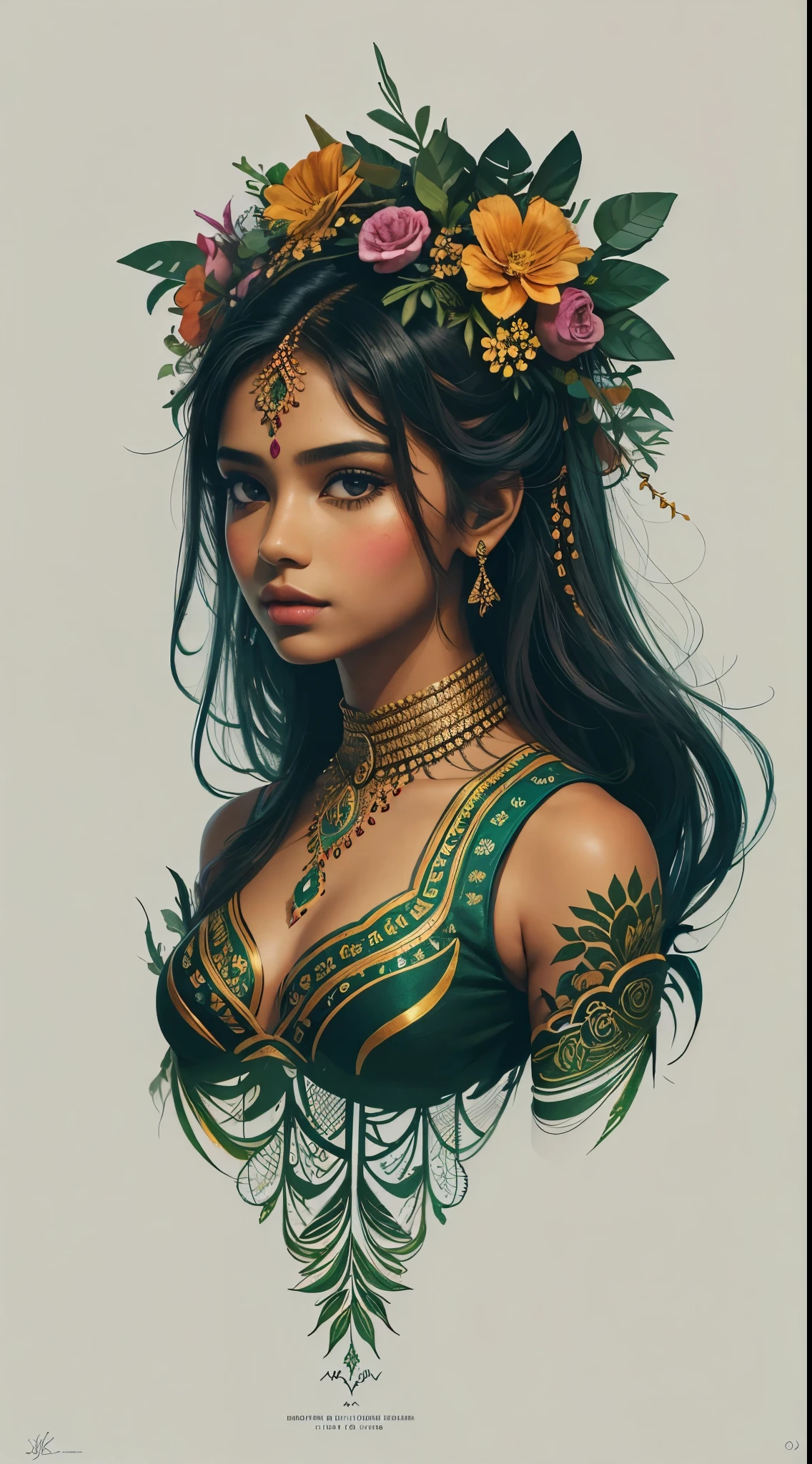 The image shows a stunning and stunningly beautiful East Indian girl, whose body merges with flowers and vegetation, bright color, in high definition pen and ink style, isographic portrait, Hard edges, High quality, minimalist art , contract, 4K, 8 k